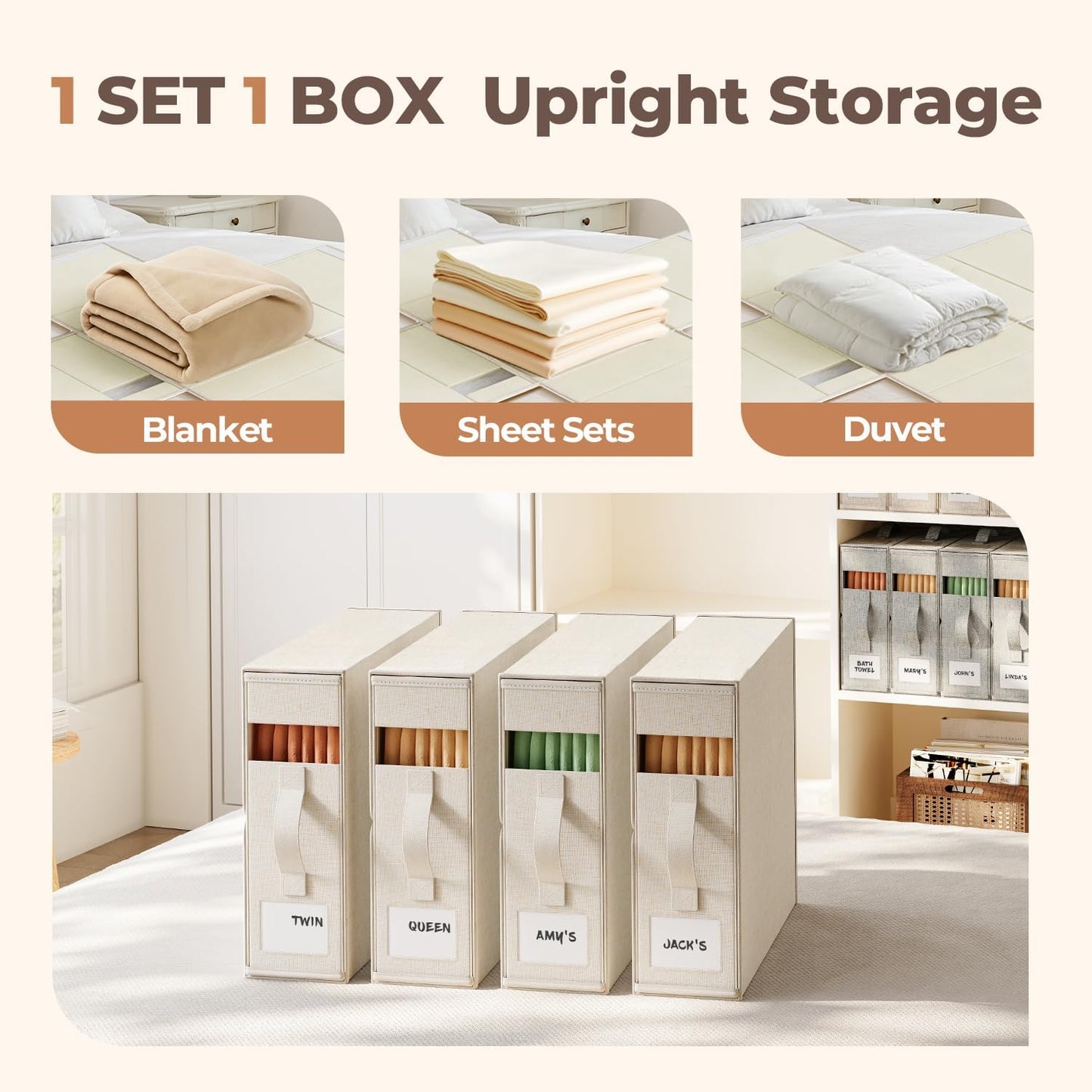 6Pack Linen Sheet Organizers and Storage - King/Queen Size Sheet Storage Organizer with Window, Foldable & Dustproof Sheet Organizer for Linen Closet for Summer Blankets & Sheet Sets,Off-white
