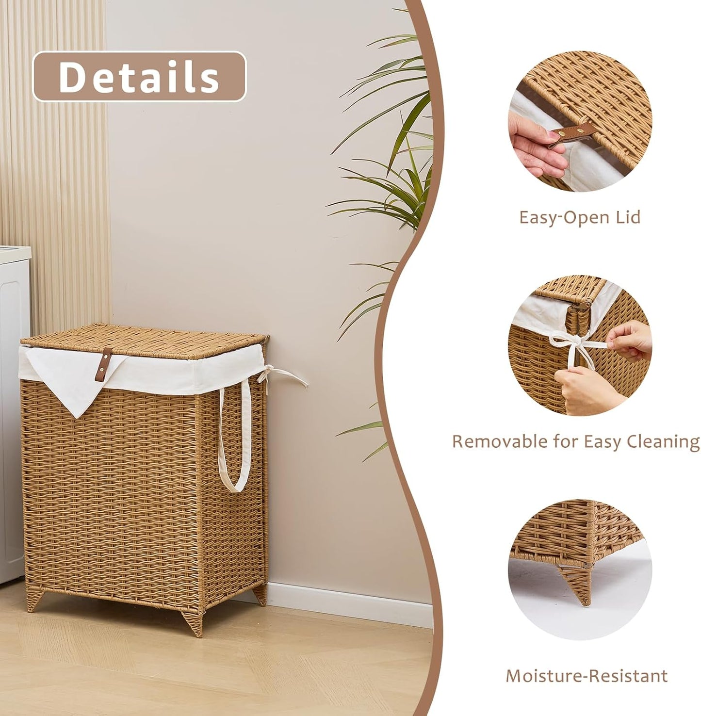 Laundry Hamper with Lid and Removable Liner Bag, Handwoven Rattan Clothes Hamper with Heightened Feet, Wicker Laundry Basket for Clothes and Towels,Middle