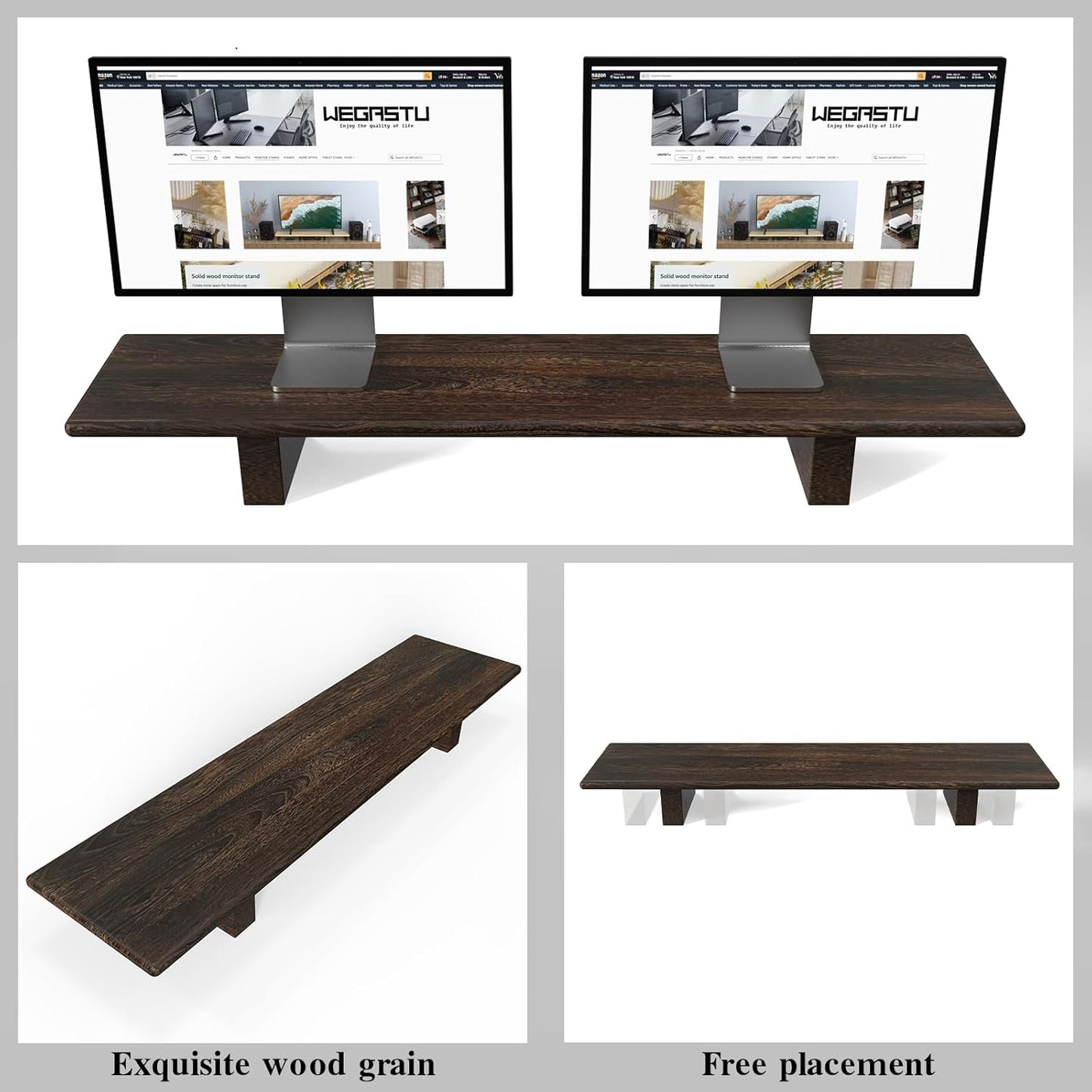 "WEGASTU Solid Wood Rustic Desk Monitor Stand with Storage,Large Dual Monitor Stand Riser for Laptop Computer/TV/PC/Printers, Perfect Desktop Stands Organizer with Underneath Storage for Office