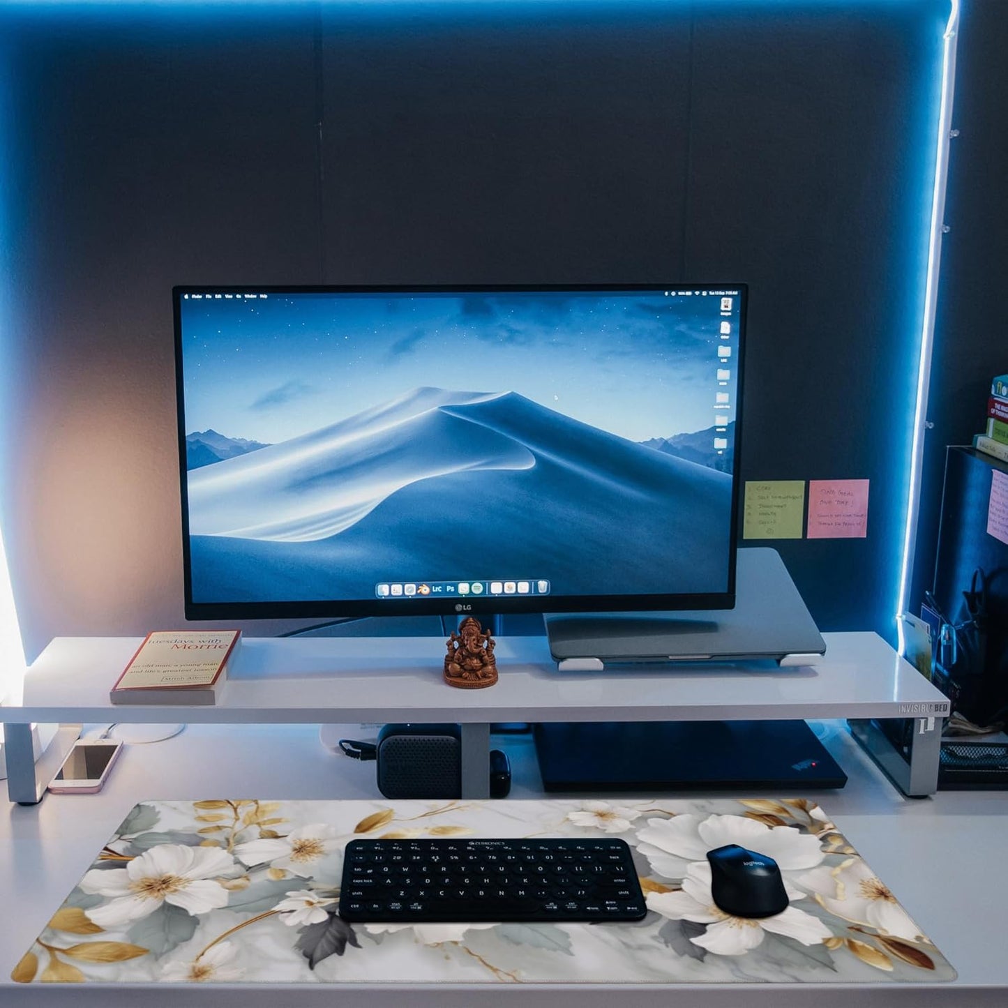 Desk Mat,White Gold Marble Desk Pad,White Flowers Golden Leaves Large Gaming Mouse Pad for Desk,Extended Big Computer Keyboard Mouse Pad with Non-Slip Base and Stitched Edge,35.4"x15.7"