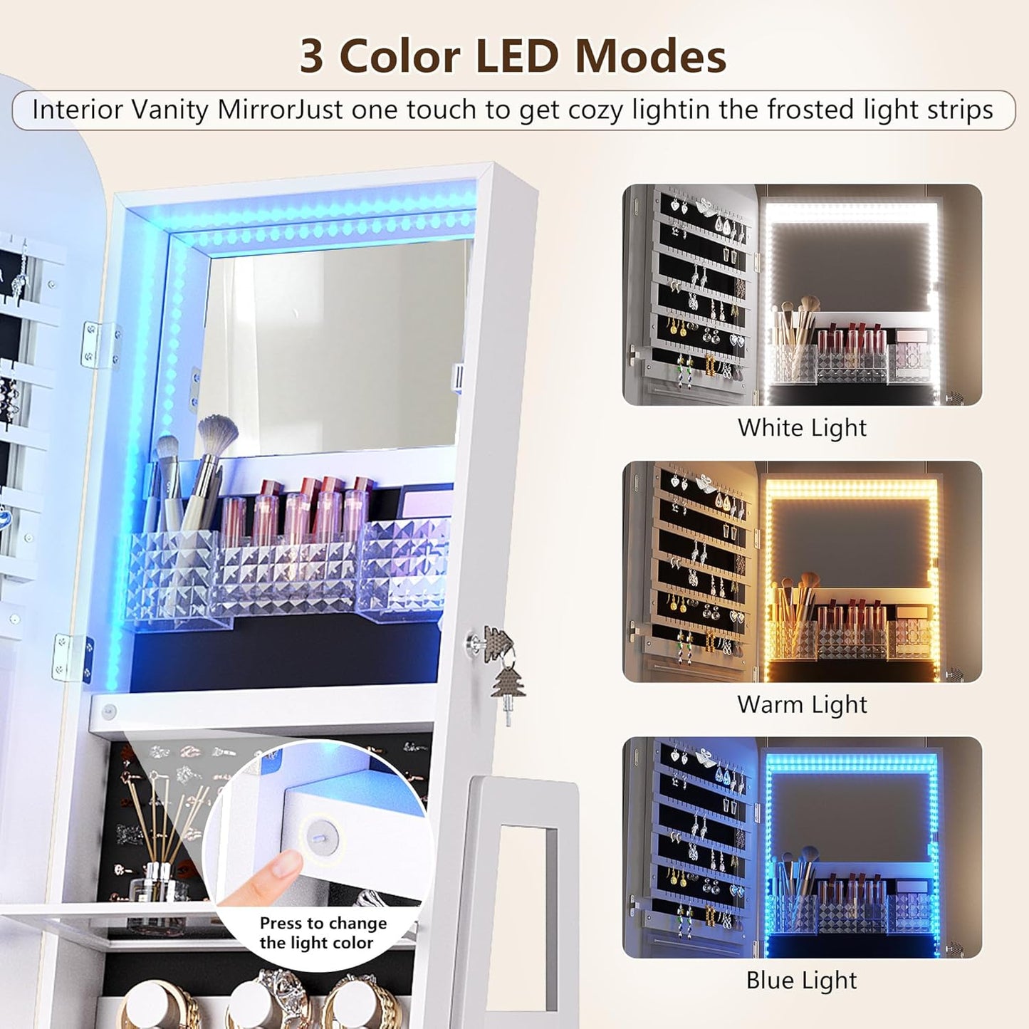 360°Swivel jewelry organizer with Full Length Mirror with Lights,Jewelry Armoires Cabinet Standing with Drawer,Large Mirror Storage for Jewelry and Makeup(White)