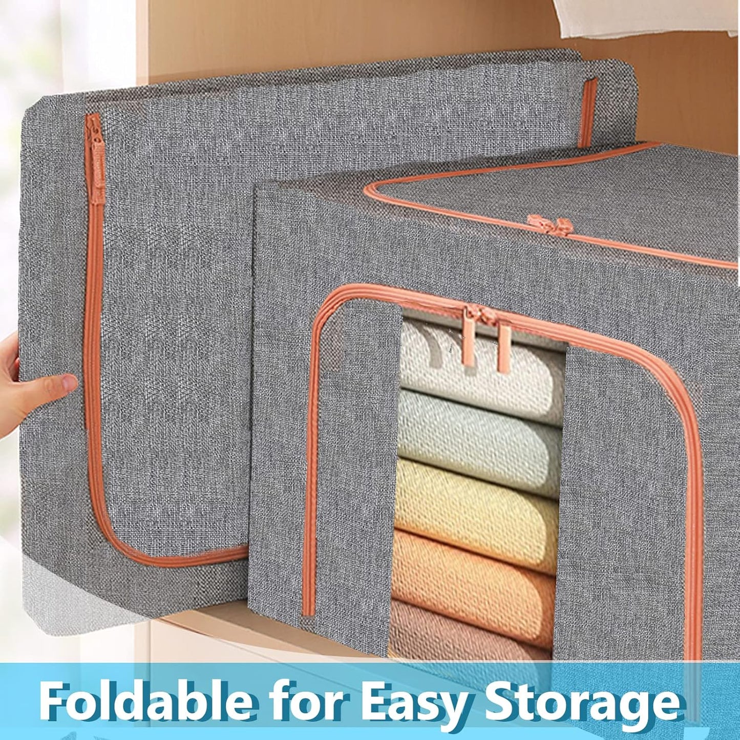100L Large Capacity Clothes Storage Organizer,Stackable Storage Bags with Foldable Metal Frame, Zipper, Handles, Clear Window, Storage Container Box for Blanket Sweater Comforter Pillow (Navy 2Pack )