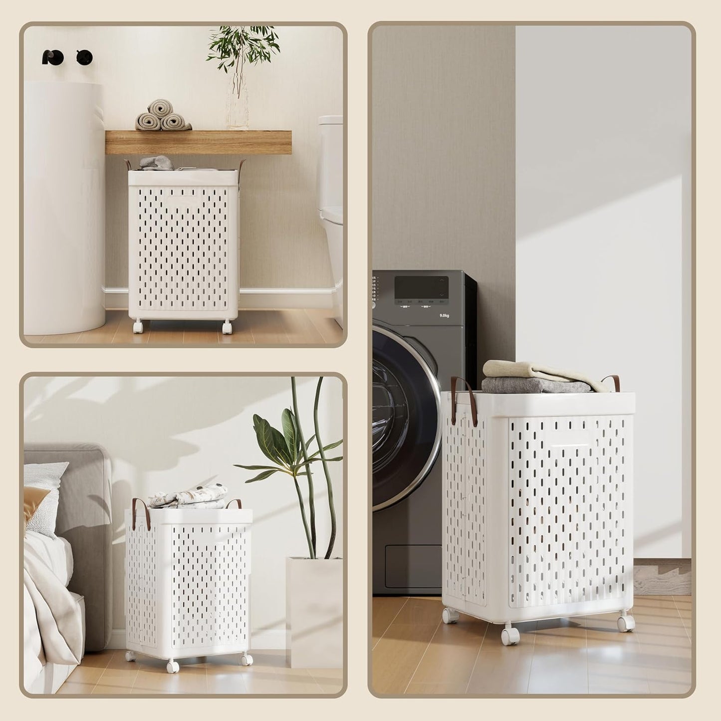 UAK Laundry Basket with Wheels, Collapsible Plastic Laundry Hamper with Handle, Foldable Laundry Basket Organizer for Laundry and Bathroom (Snow White, XXXL)