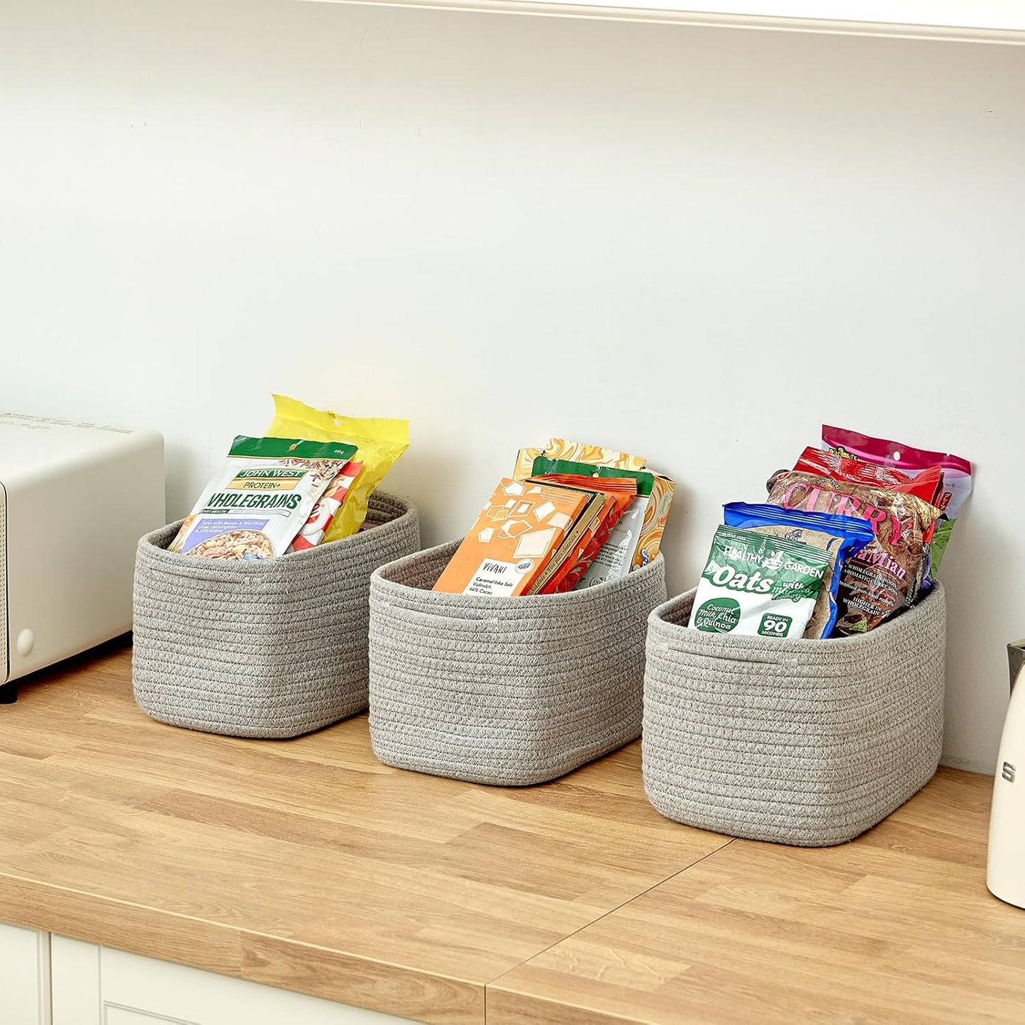 Small Cotton Rope Basket – Storage Bin for Organizing (10.6" x 6.7" x 6.7"), Bathroom Storage Basket for Shelf, Counter & Closet(Grey)