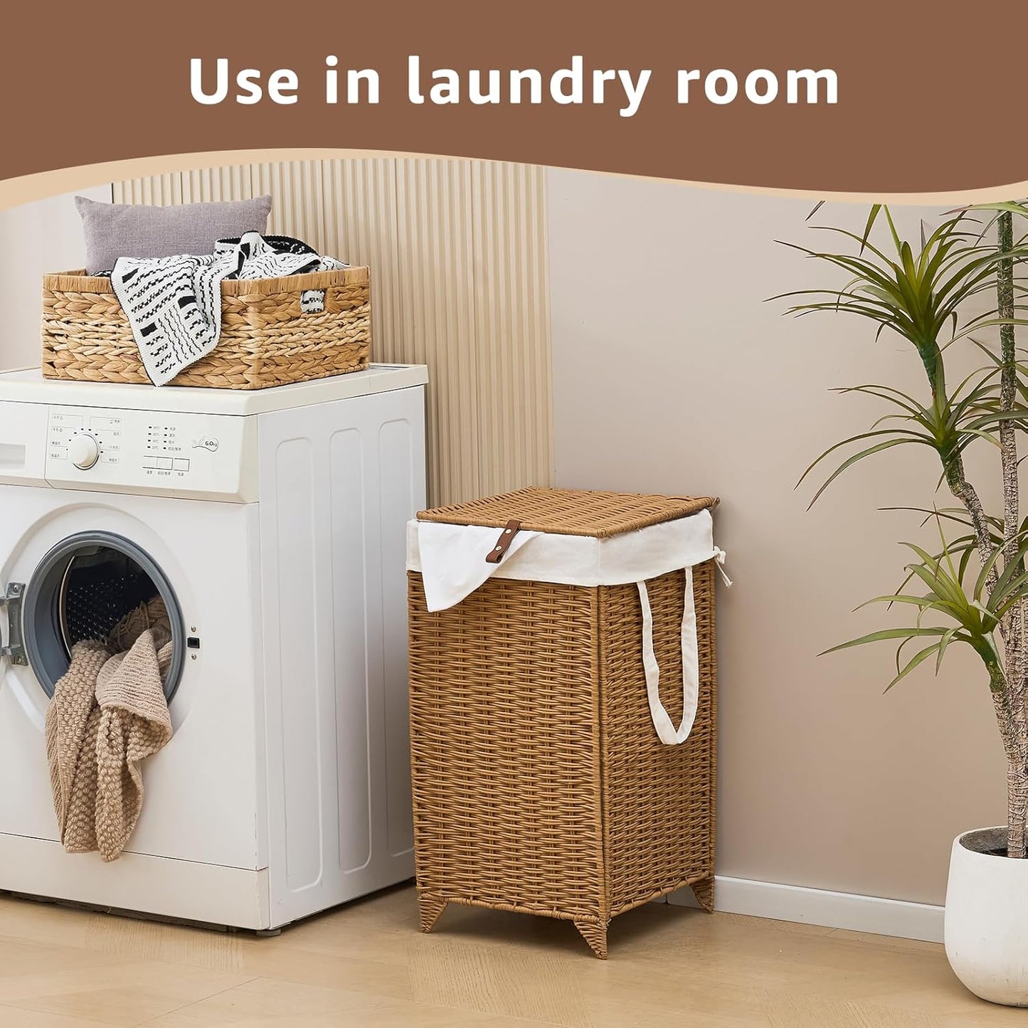 Laundry Hamper with Lid and Removable Liner Bag, Handwoven Rattan Clothes Hamper with Heightened Feet, Wicker Laundry Basket for Clothes and Towels,Small