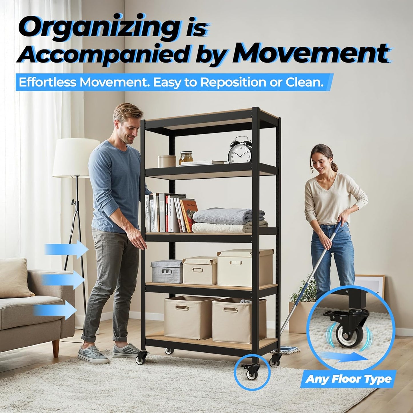 HOMEDANT House 5-Tier Metal Boltless Rolling Cart Shelf Rack Casters Heavy Duty Wheel Shelving Unit Adjustable Utility Storage Shelves Organizer Shelf Kitchen Garage 48.1" W x 18.5" D x 75.4" H 3Pack