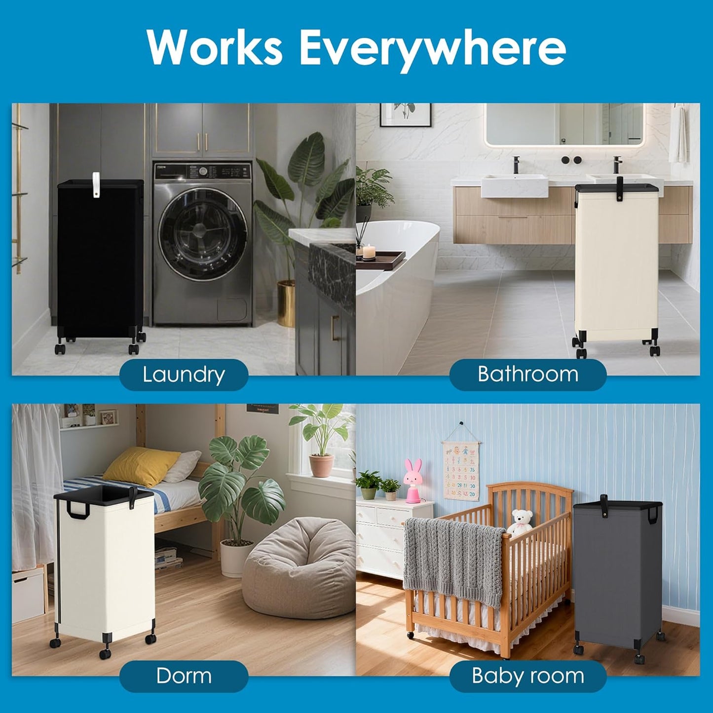 2Pcs Laundry Basket with Wheels 105L, Large Rolling Laundry Hamper with Removable Bag, Metal Frame Collapsible Dirty Clothes Bin, Cloth Organizer Hampers Pull Handle for Bathroom, Dorm, Bedroom White