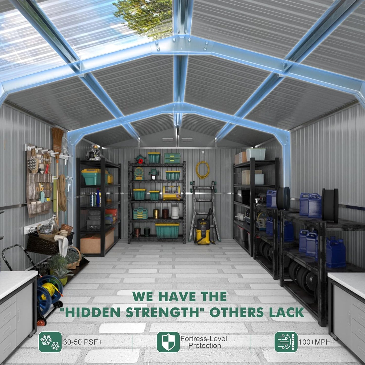 Metal Shed 10x16 FT with Floor Frame Kit, Big with Heavy-Duty Reinforced Steel Frame and Customizable Skylight, Lockable Doors, 4-Pane Windows, Large Outdoor Storage for Garden, Tools, and Utility