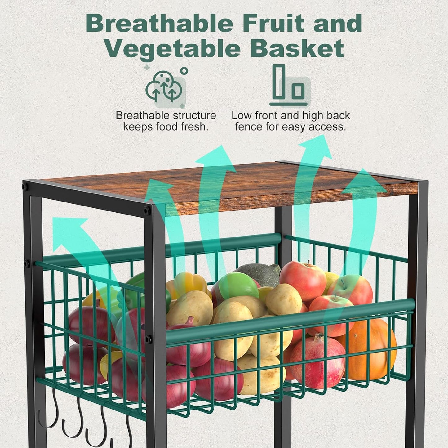 Housolution 5 Tier Kitchen Rolling Cart, Storage Cart with Metal Fruit Vegetable Basket and Pull-Out Pot Lid Cutting Board Organizer, Storage Rack with Wooden Top for Kitchen, Pantry, Bathroom