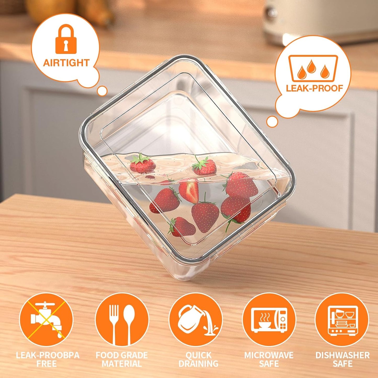 5 PCS Large Fruit Storage Containers for Fridge with Removable Colanders, Airtight Food Storage Containers with 5 Lids, 4 in 1 Produce Containers Keep Berry Fruits Vegetable Food Meat Fresh Longer