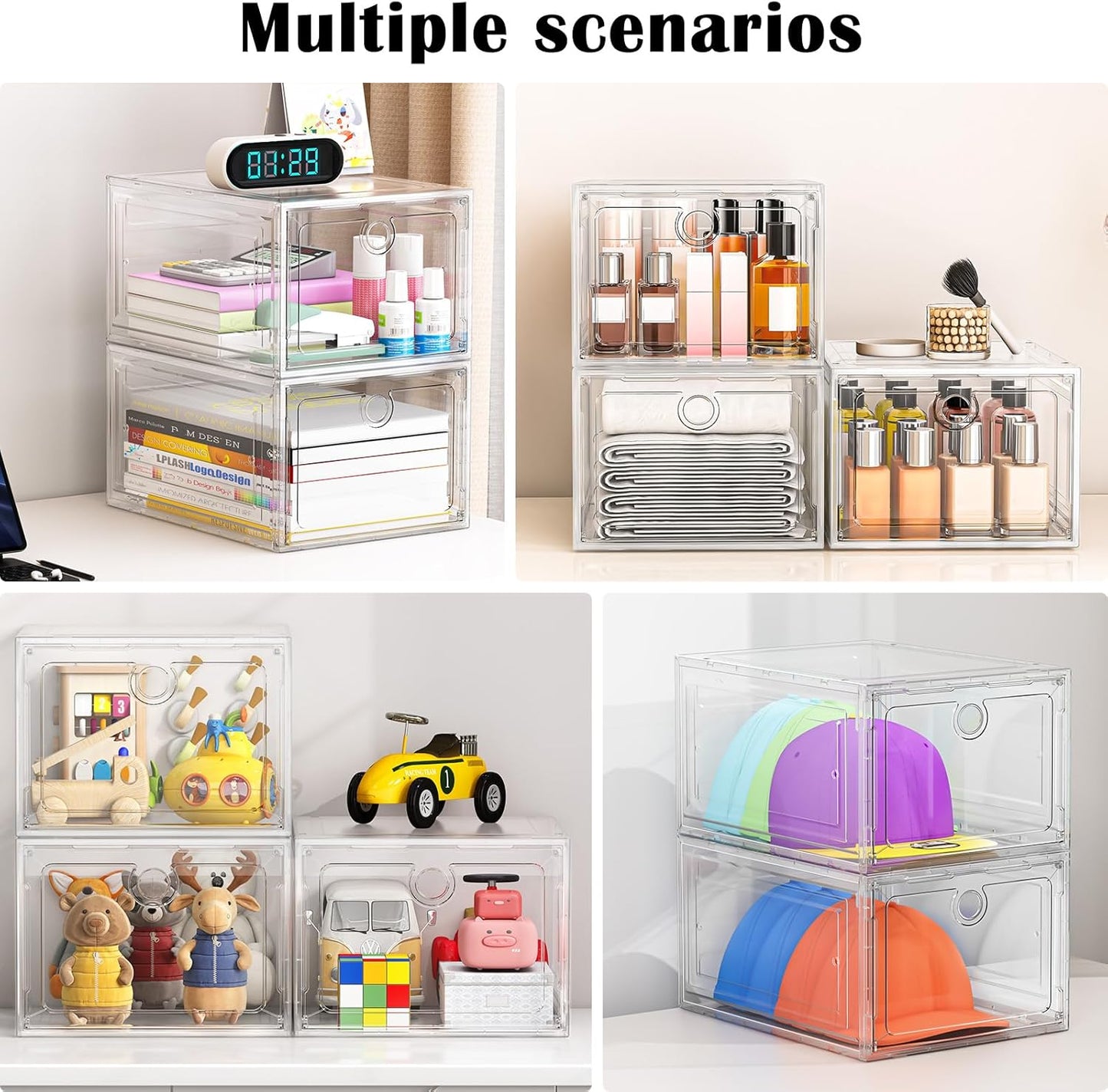 6 Pack Upgrade Harder Shoe Organizer, Shoe Storage with Magnetic Front Door, Clear Shoe Boxes Foldable Space-Saving Shoe Rack for Sneaker Boot Container, White