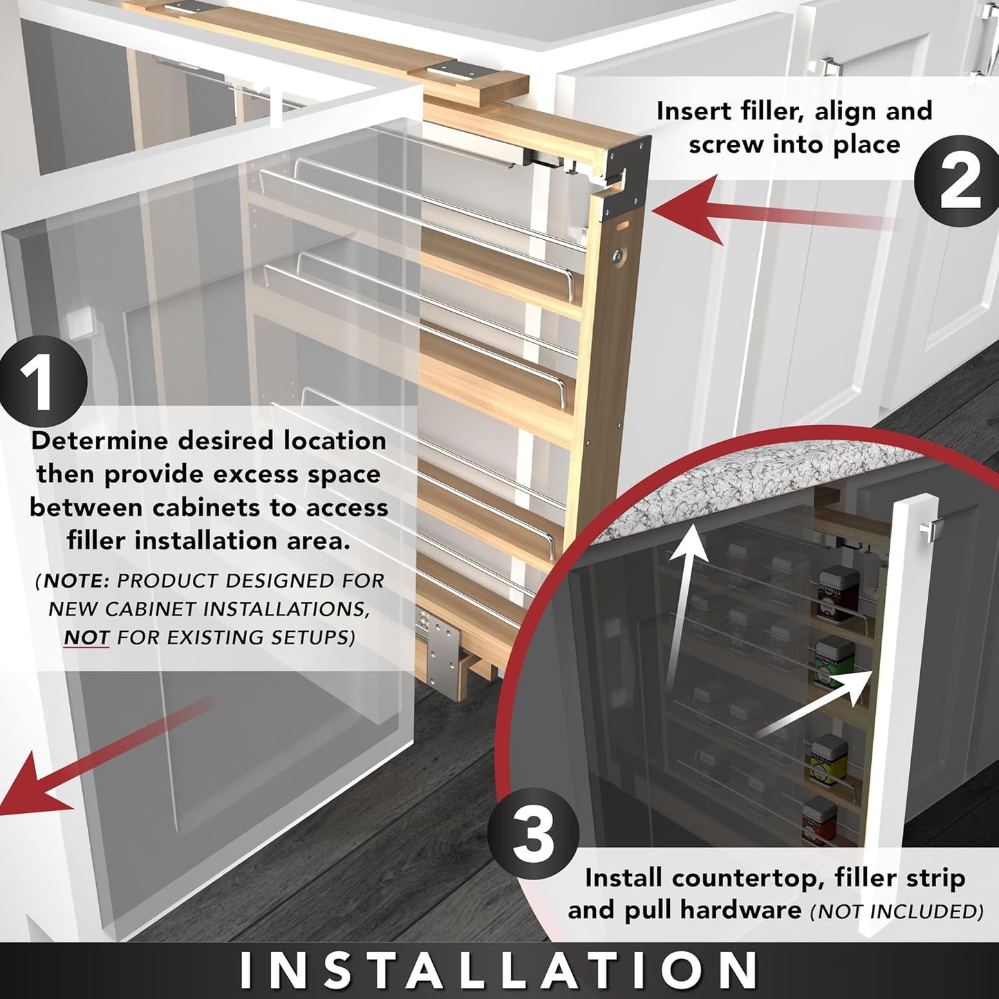Rev-A-Shelf 6" W x 42" H Pull Out Quad Shelf Organizer for Wall & Base Kitchen Cabinets, Full Extension Filler Spice Rack, Adjustable, Wood, 432-WF42-6C
