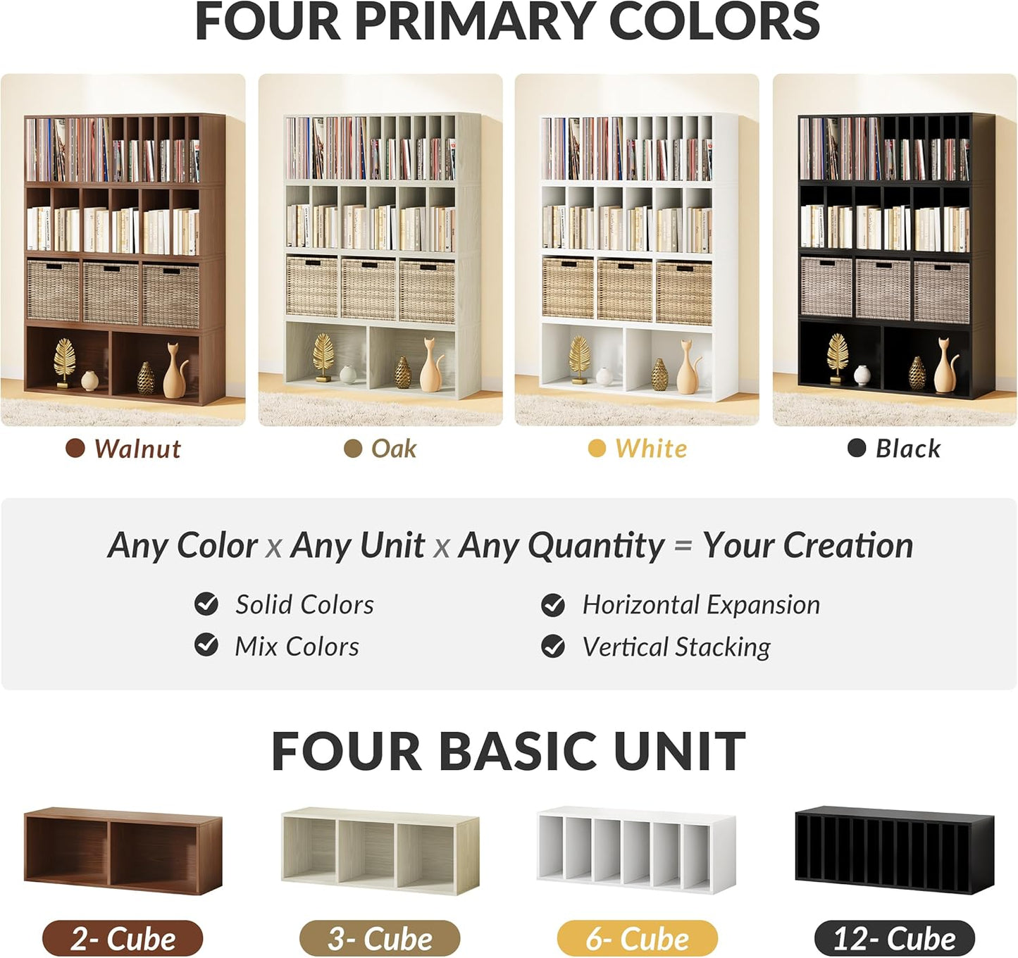 IOTXY DIY Modular Cube Bookcase - CubeXY Customizable Stackable Expandable Basic Shelving Units, 12-Cube Wooden Open Bookshelf with Removable Shelves for Vinyl Record Storage Organizer, Black