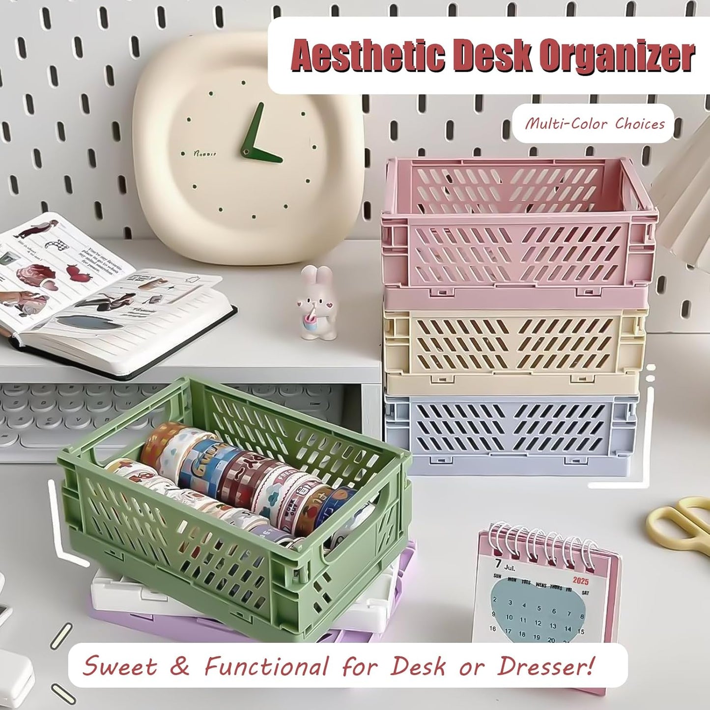 Small Pastel Plastic Storage Bins 2Pcs Foldable Pastel Crates Plastic Basket Colorful Storage Containers Baskets for Classroom Kitchen Office Bedroom Desktop Home Decor (Pink 5.8" x 3.8" x 2.2")