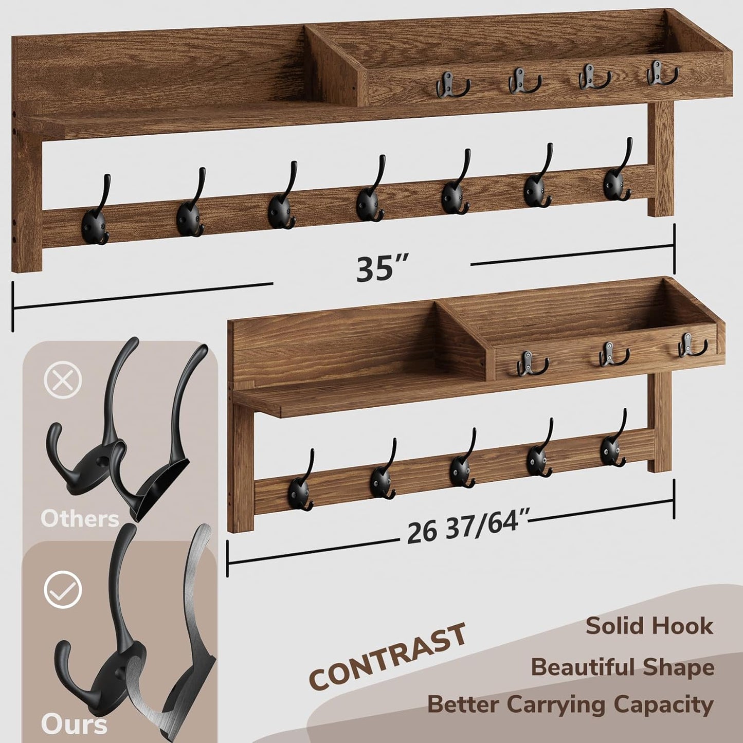 AMBIRD Coat Rack Wall Mount, 35 inch Large Wall Hooks with Shelf, Entryway Shelf with 7 Dual Coat Hooks 4 Key Hooks Mail Organizer, Wooden Coat Hanger and Key Holder Wall Mount