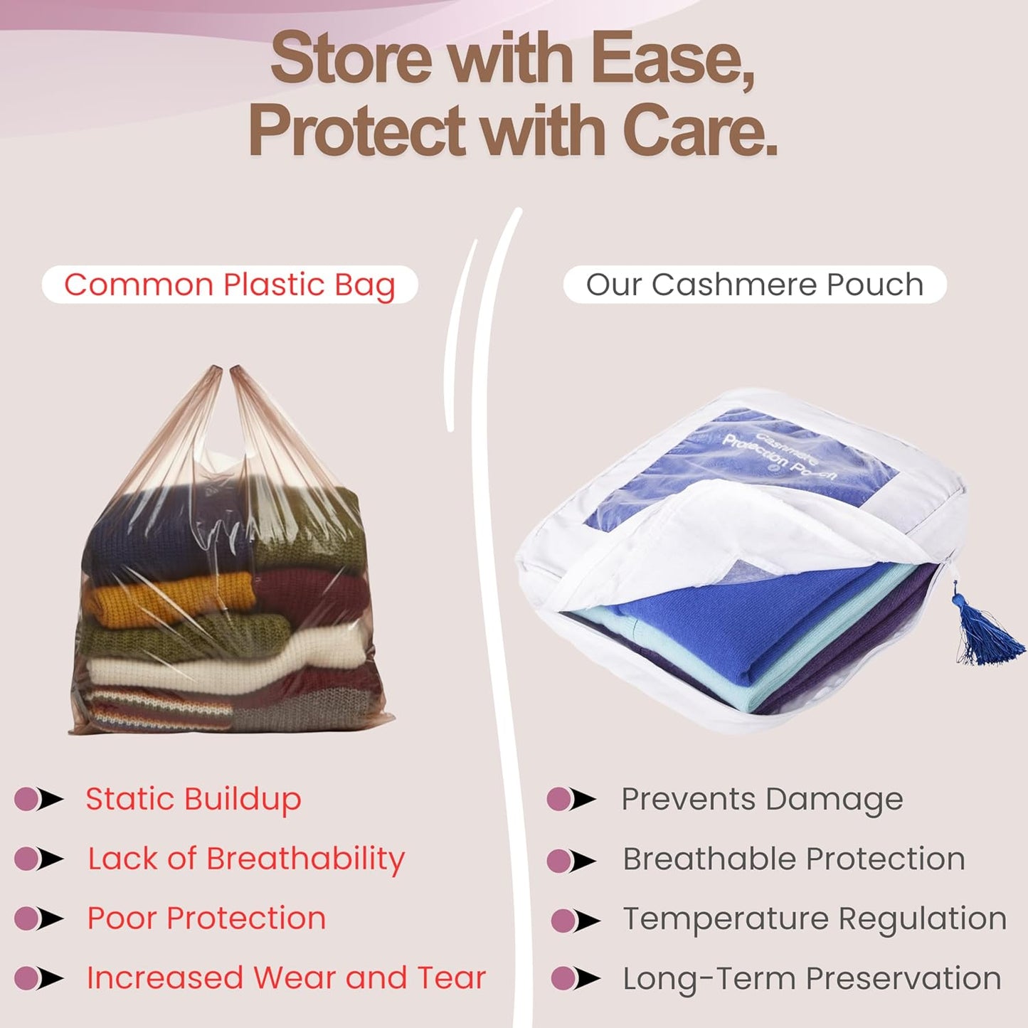 The Cashmere Choice Cashmere Storage Bags for Clothes, Sweaters, Scarves – 100% Cotton Garment Bag – Standard Size