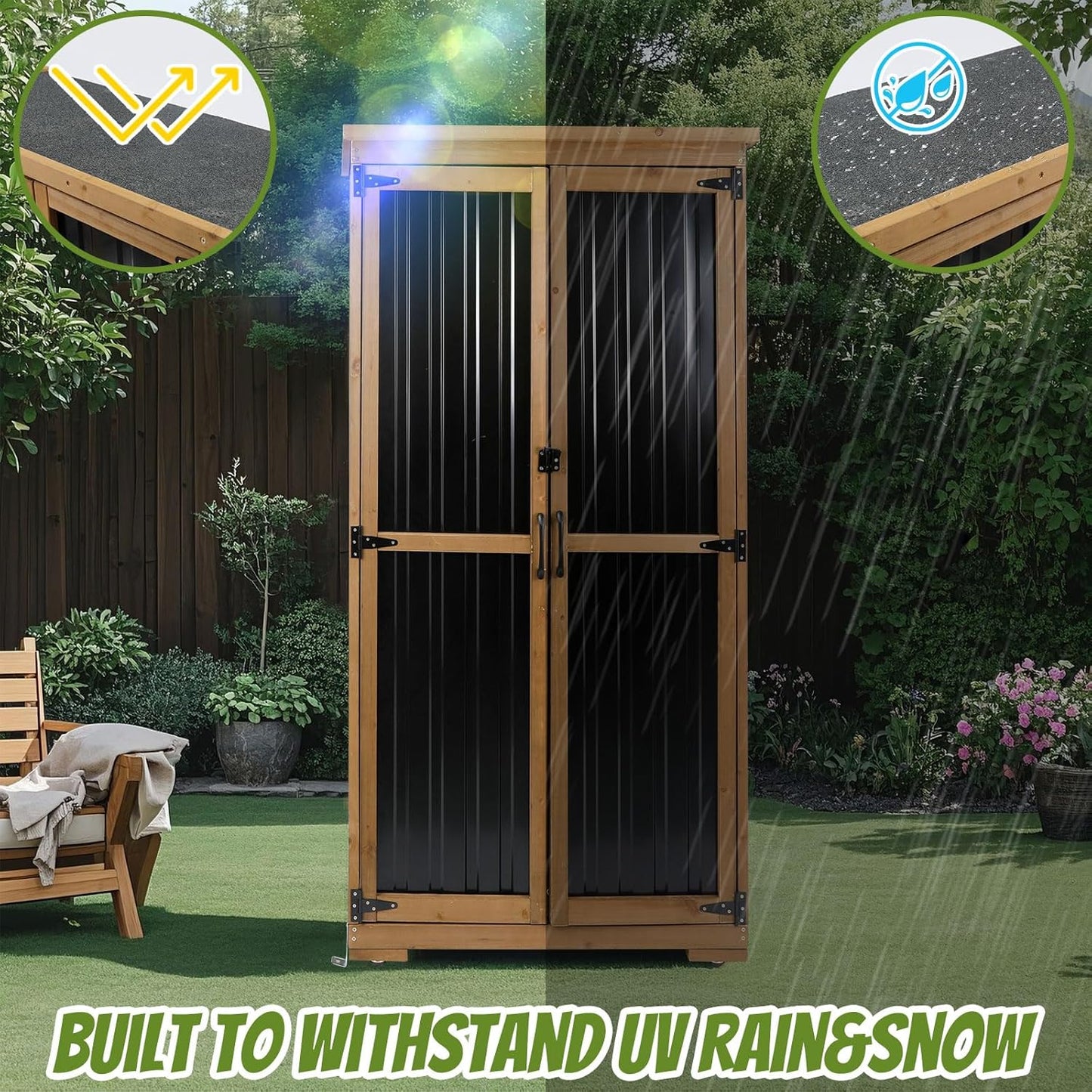 Outdoor Storage Cabinet,Wood & Metal Storage Shed with Adjustable Shelves & Lockable Doors,Vertical Outdoor Cabinets for Backyard Patio, Gardening Tools and Accessories,Brown