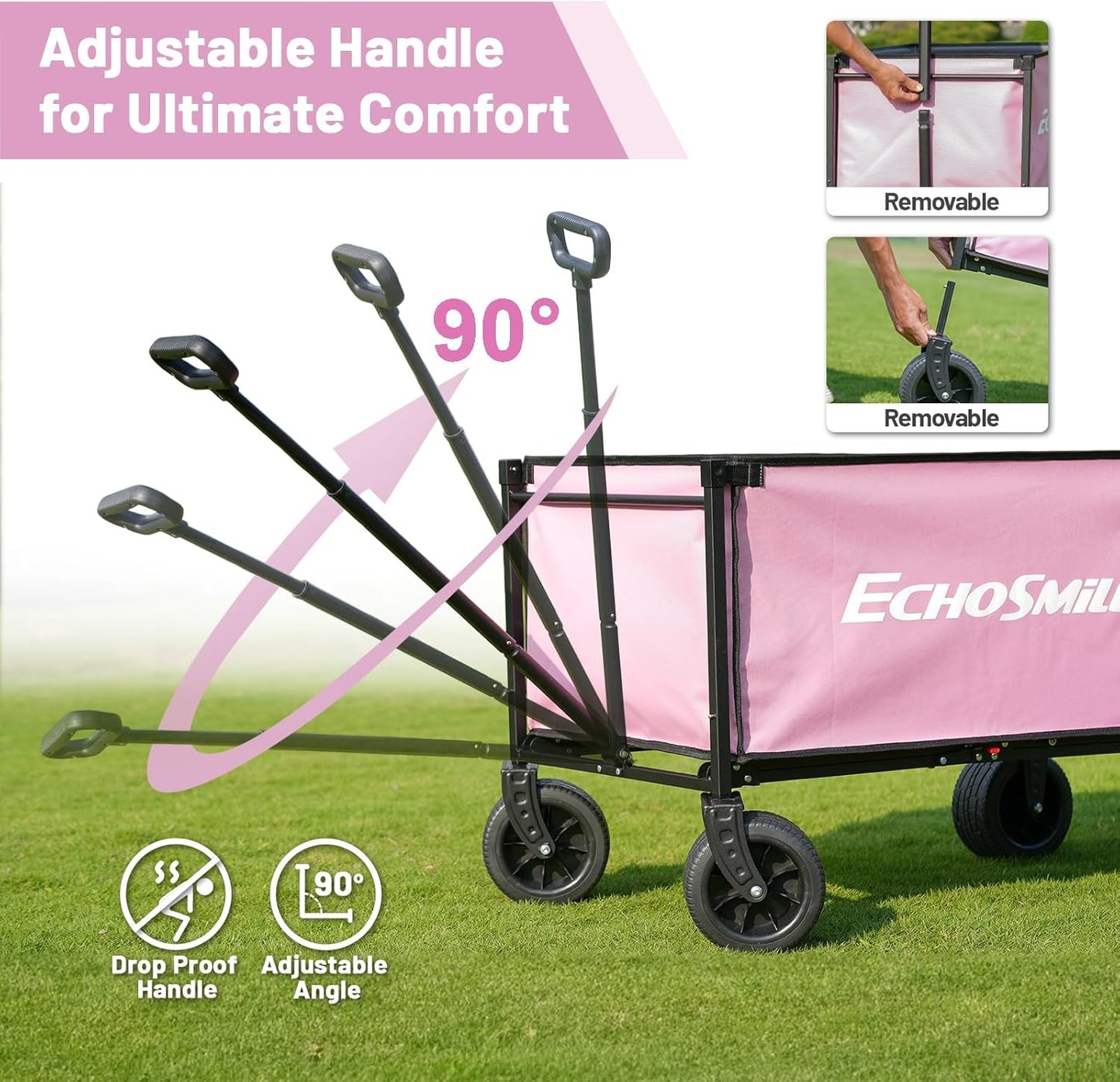 EchoSmile Collapsible Wagon Cart for Camping & Beach - Heavy Duty 400lbs Capacity All-Terrain Cart with Wide Wheels, Portable Folding Utility Wagon for Grocery, Garden, Sports,Pink&Gray