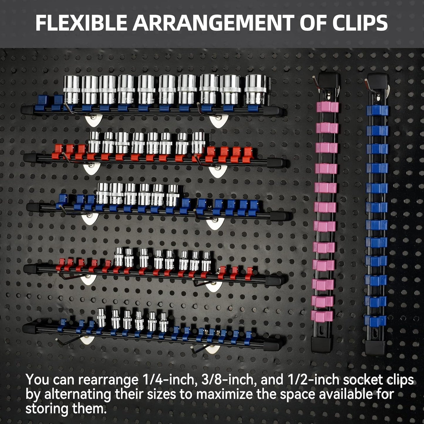 Socket Organizer Drive ABS Tools - Pink Socket Holder, Premium Quality 12 Pieces Socket Holders Kit 1/4-Inch x 64 Clips, 3/8-Inch x 60 Clips, 1/2-Inch x 48 Clips(12PC,Pink)