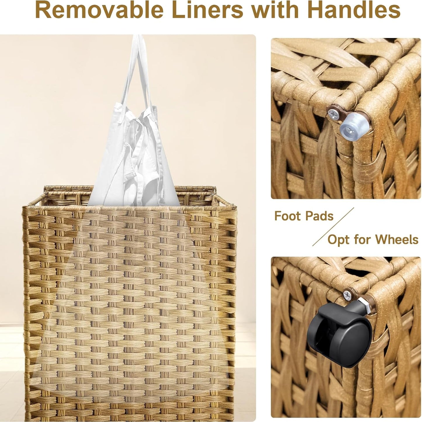 88L Slim Laundry Hamper with Wheels, 23.3 Gallon Rolling Laundry Basket with Lid, Tall and Narrow Laundry Hamper with 2 Removable Liner & 3 Mesh Bags, Laundry Sorter for Bathroom, Natural