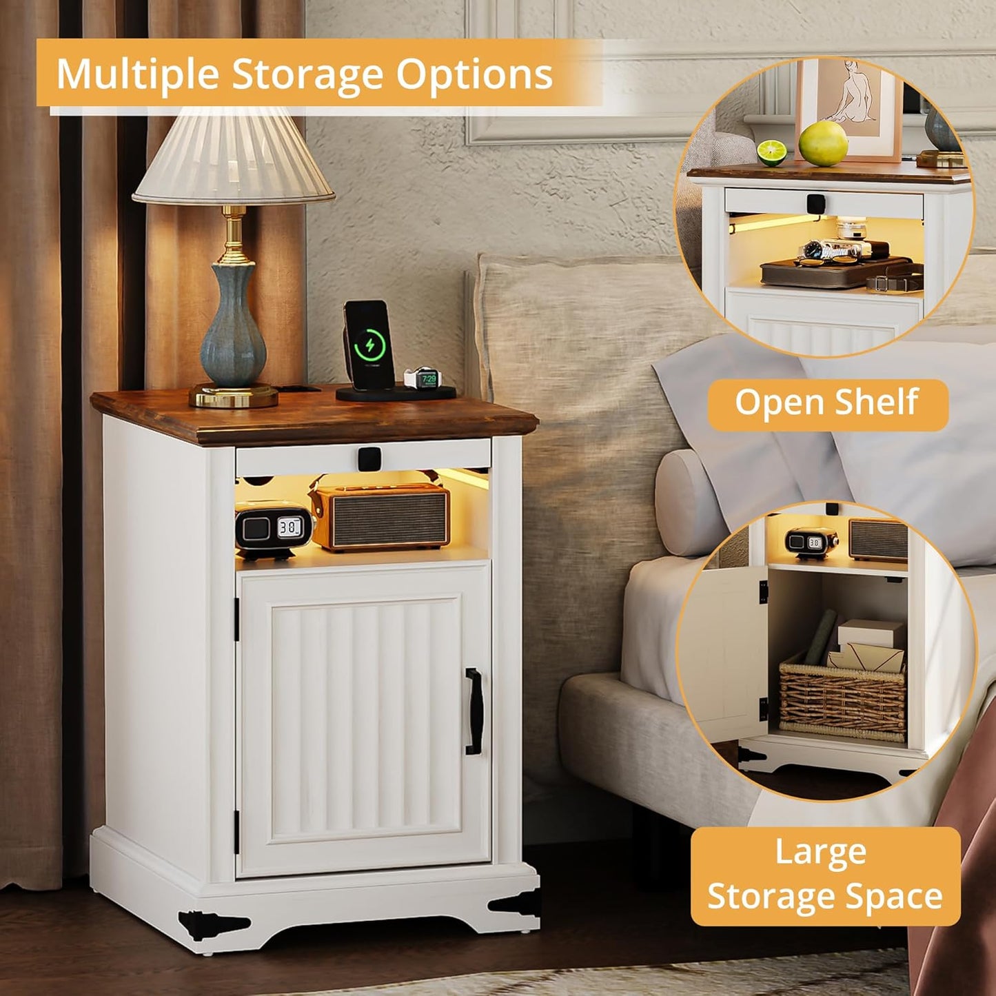 IRONCK Farmhouse Nightstand with Charging Station and LED Light, Wood Side Table with Storage Cabinet & Open Shelf,Bedside Table with Pull-Out Shelf for Bedroom, White