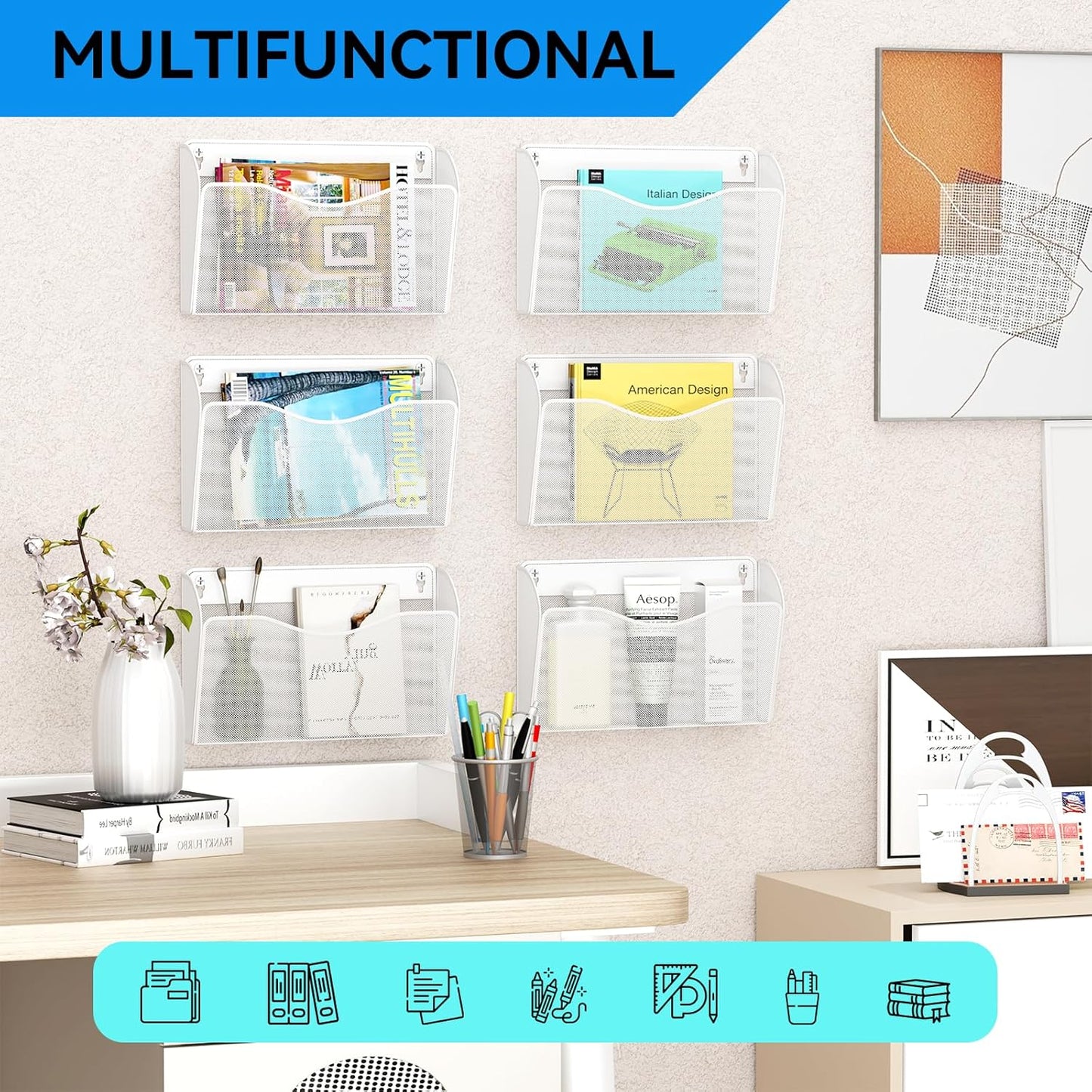 6 Single Pocket Wall File Holder, Mesh Hanging File Folder Paper Organizer, Vertical Wall Mounted Mail Basket, Storage Organization Magazine Rack for Office, Home and School, White