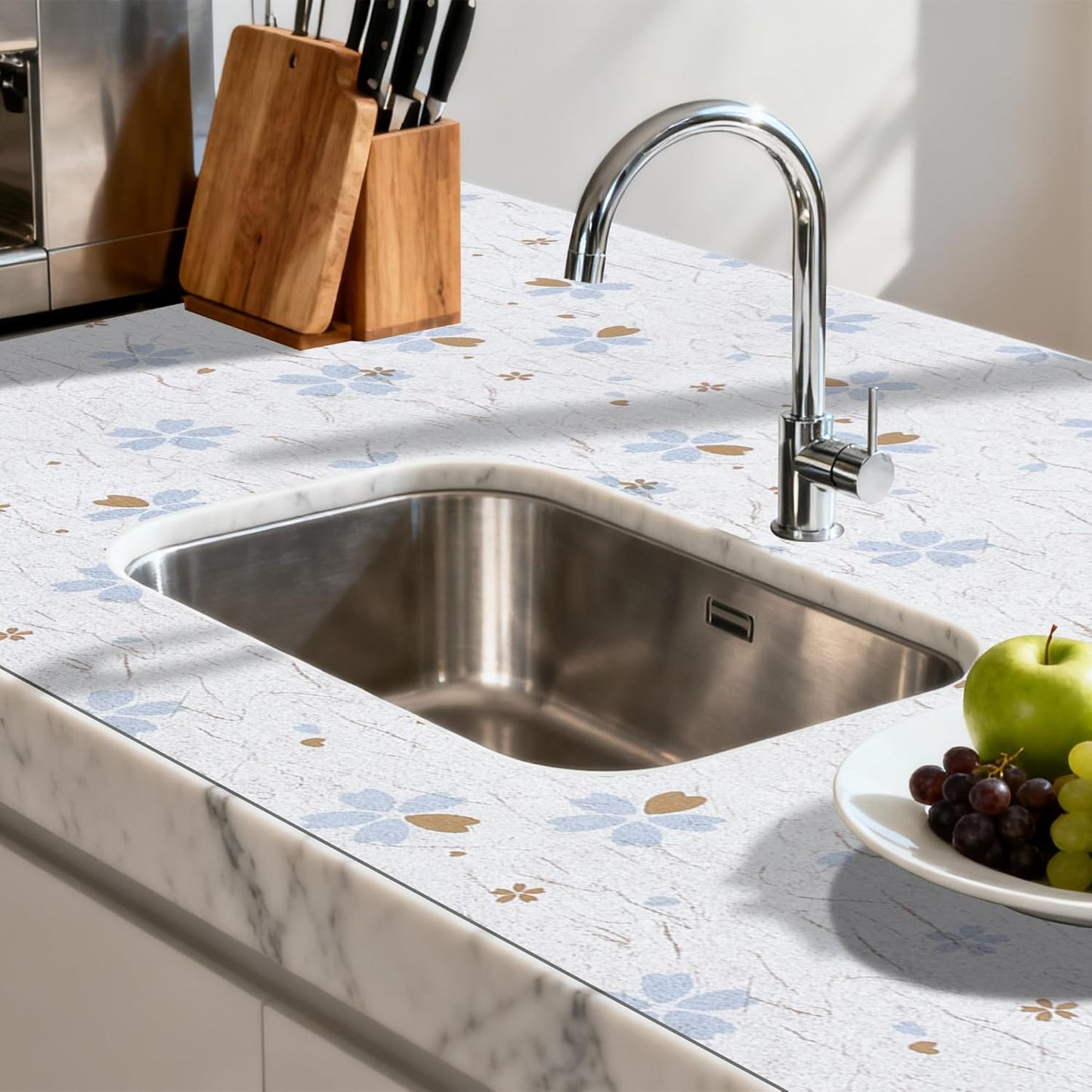 FIFTY FEET 18"x96" Non-Adhesive Shelf Liner for Kitchen Cabinets and Drawers, Washable Non-Slip PVC Cabinet Liner (White Floral)(1 Roll)