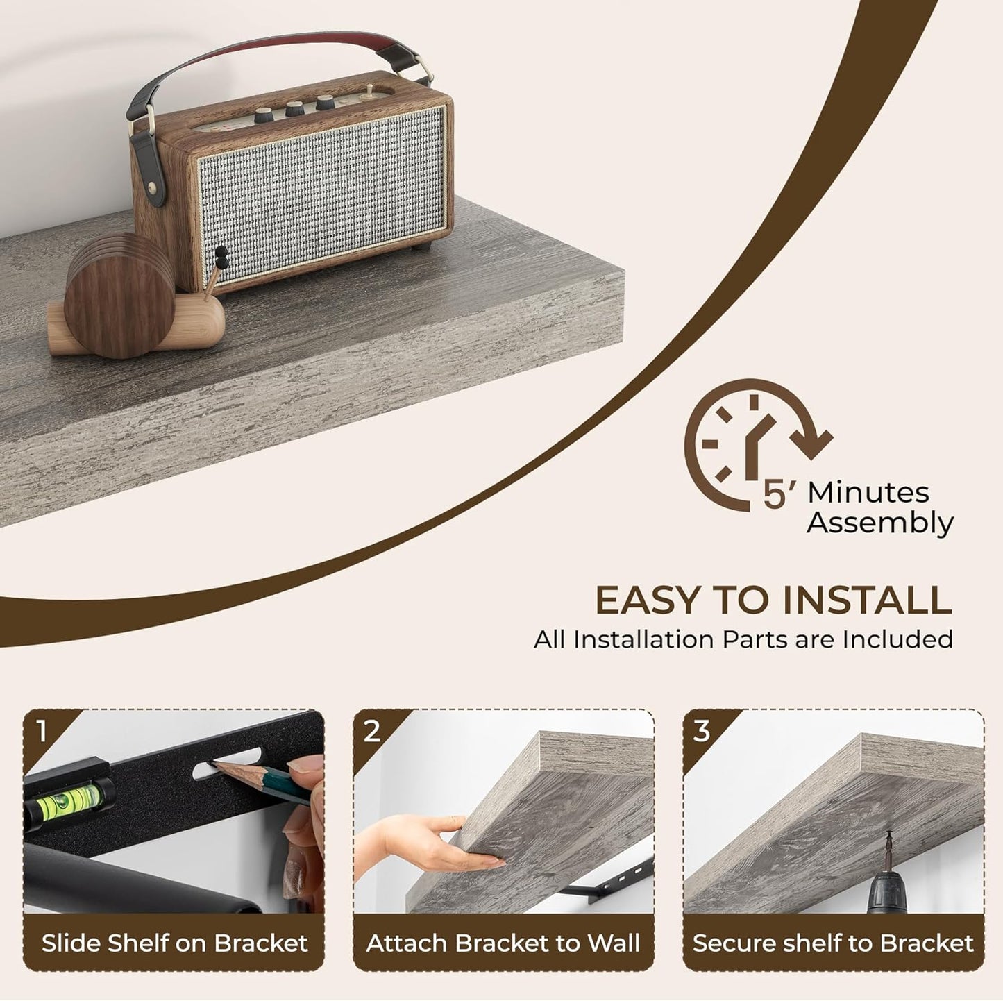 RICHFOCUS 48Inch Floating Shelves for Wall 1 Pack Shelves for Bedroom|Kitchen|Bathroom Wall Mounted Rustic Wood Floating Shelf with Invisible Brackets for Books|Storage|Decor, Grey