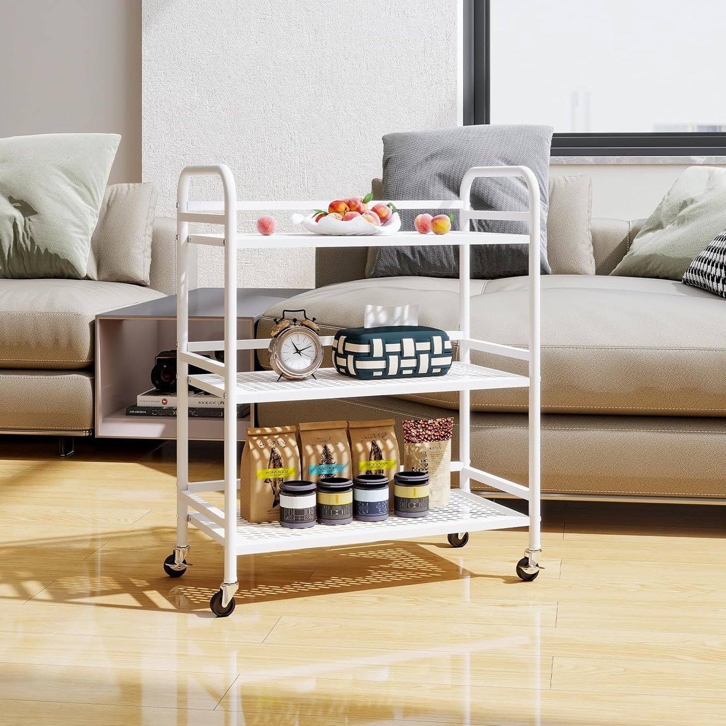 HDANI 3 Tier Metal Rolling Heavy Cart Supports 40 Lbs Per Tier,Mesh Rolling Cart with 2 Lockable Wheels for Office,Home,Bedroom,Kitchen,Bathroom(White)