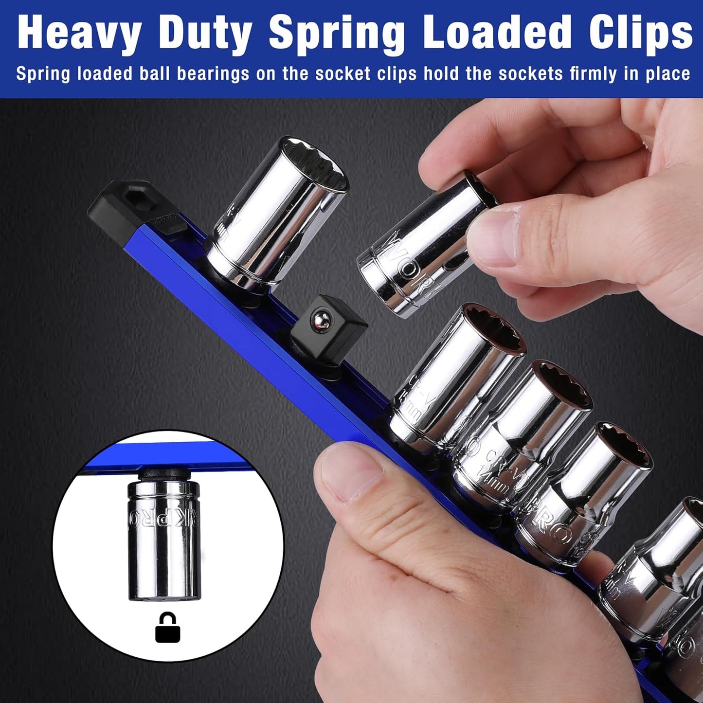 WORKPRO Magnetic Socket Organizer Set, 3-Piece Aluminum Alloy Socket Rail, Heavy Duty Socket Holder, Socket Rack Kit 1/4-Inch x 12 Clips, 3/8-Inch x 10 Clips, 1/2-Inch x 10 Clips (Blue)