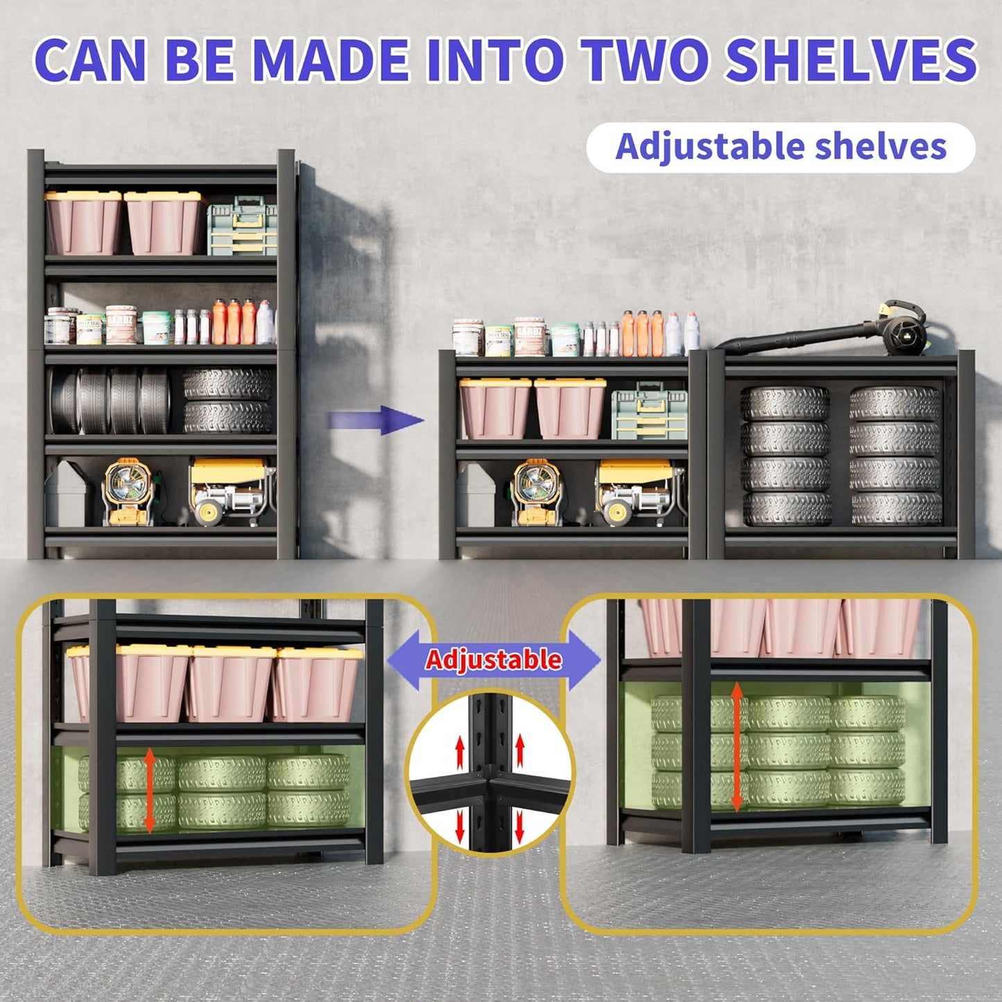 2 Sets Metal Garage Shelving Unit,78"H Heavy Duty 5-Tier Adjustable Storage Rack,18"D x 48"W x 78"H Steel Shelving,3000 lbs Industrial Shelves for Heavy Tools and Equipment,Ideal for Garage, Basement