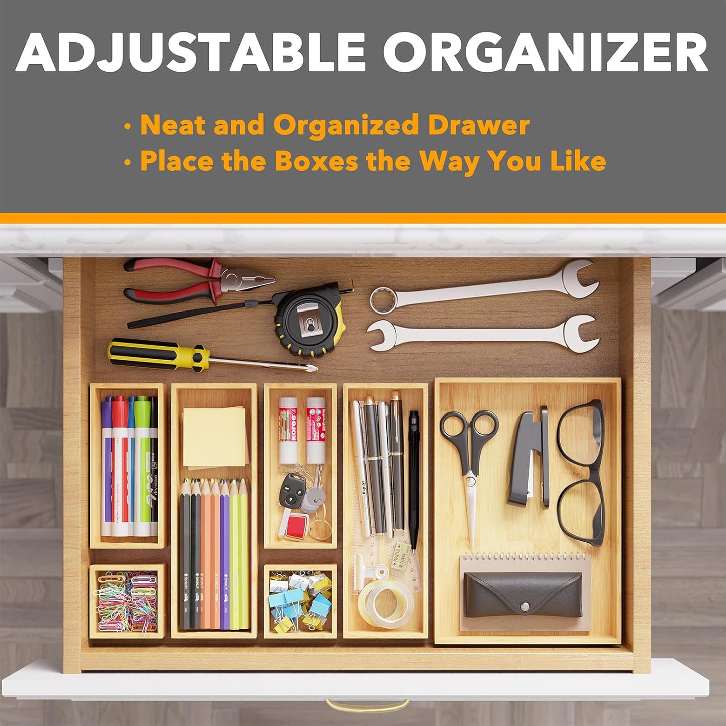 SpaceAid 7-Piece Bamboo Drawer Organizer Storage Boxes Set, Wood Tray Junk Drawer Organizers Multi-Use Divider Bins for Kitchen, Bathroom, Office Desk and Makeup Organization (7 Pack, Natural)