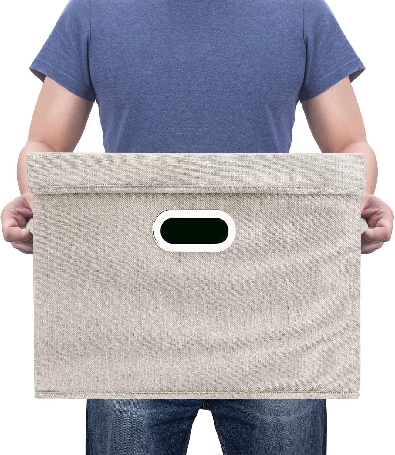 TYEERS Large Storage Bins with Lids, Collapsible, Washable, Fabric Storage Boxes for Organizing, 17.3x11.8x11.4 inches, 5 Pack, Beige