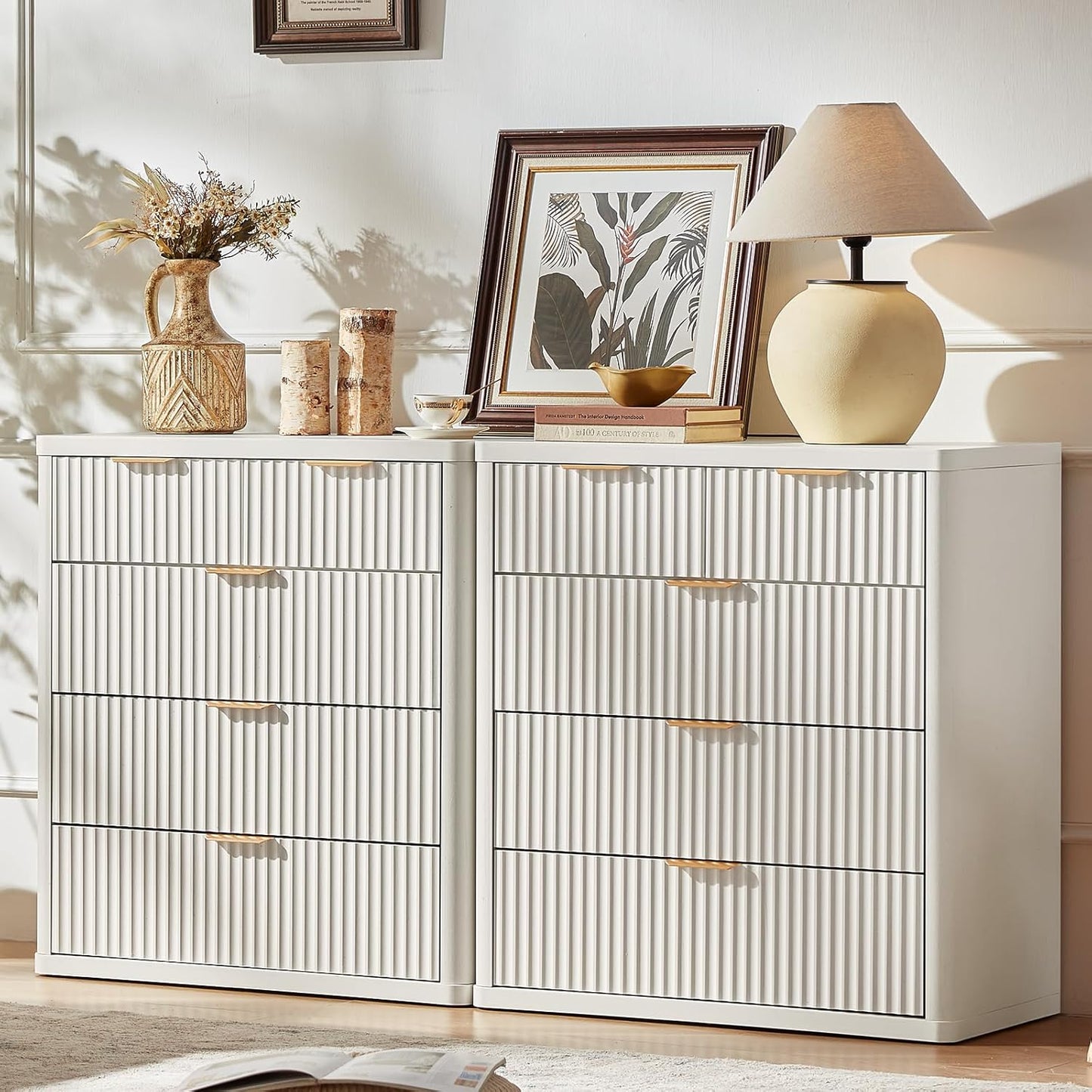 LEYAOYAO Fluted 5 Drawers Dresser for Bedroom, 34" Tall Modern Chest of Drawers with Metal Handle, Curved Profile Design,White Wood Drawer Organizer for Bedroom, Living Room, Hallway, Entryway