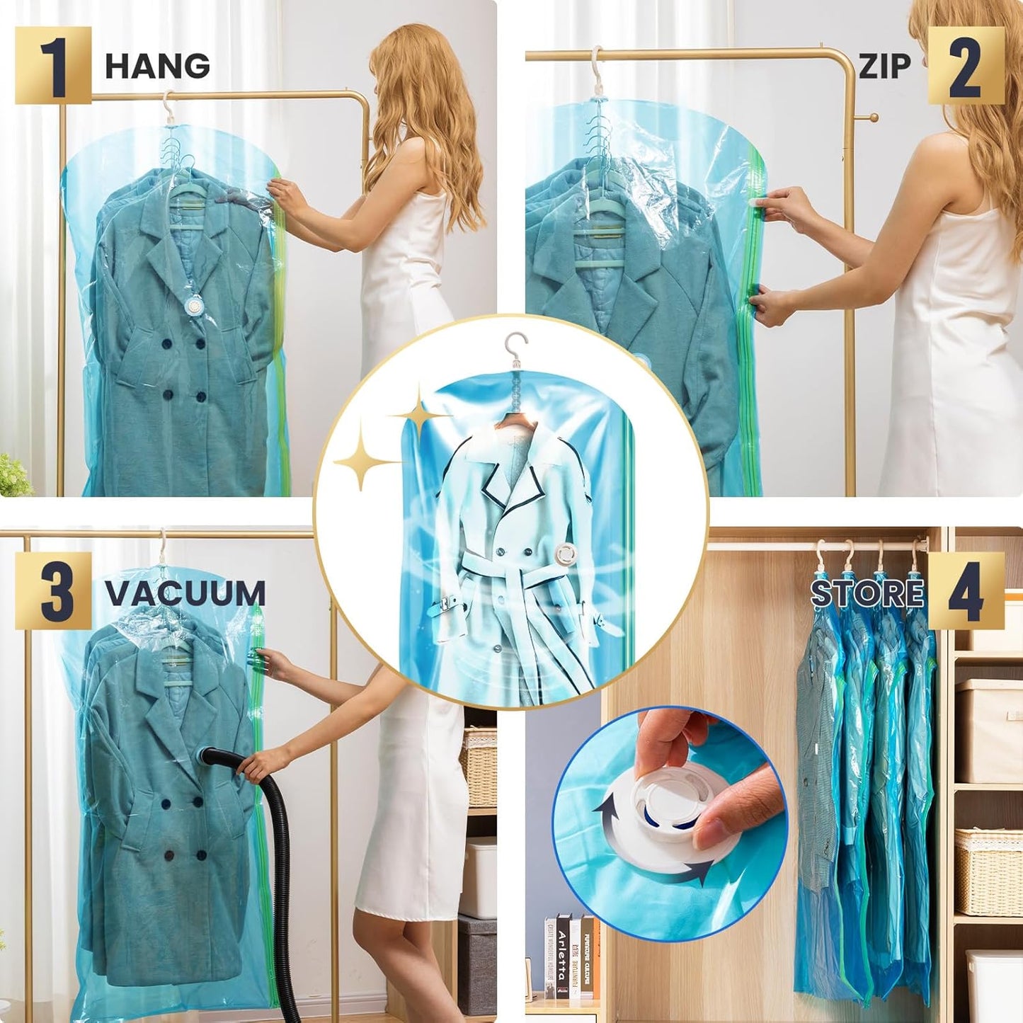 TAILI Hanging Vacuum Storage Sealer Space Saver Bags for Clothes, Coat, Closet Organizers, 4 Pack (2 Long, 2 Short) Blue