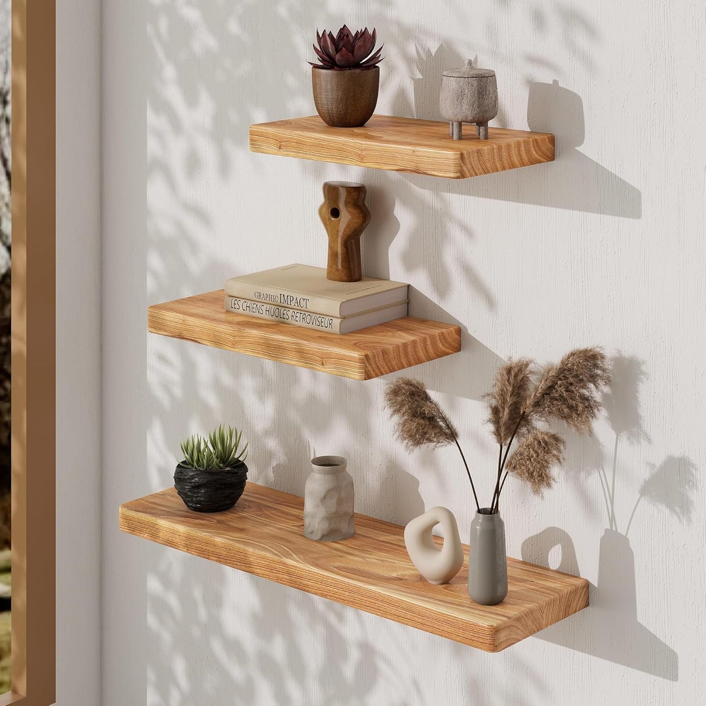 Fun Memories Rustic Solid Elm Wood Floating Shelves, 18" W x 8" D Floating Shelf Wall Mounted, 8 Inch Deep Wall Shelves, Wooden Bathroom Shelf for Home, Deep Bookshelf for Living Room, Set of 2