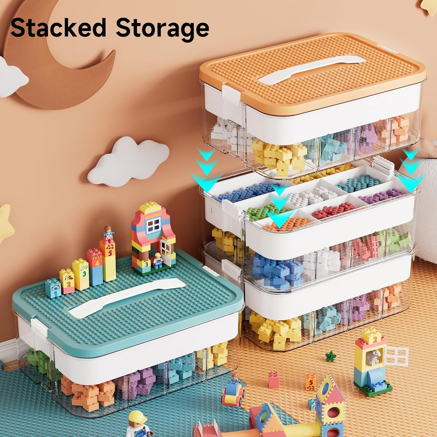 Plastic Stackable Organizer Storage Case with Building Blocks Lids for lego, Storage Containers with Carrying Handle and Adjustable Grid Organizers, 2Layer Orange