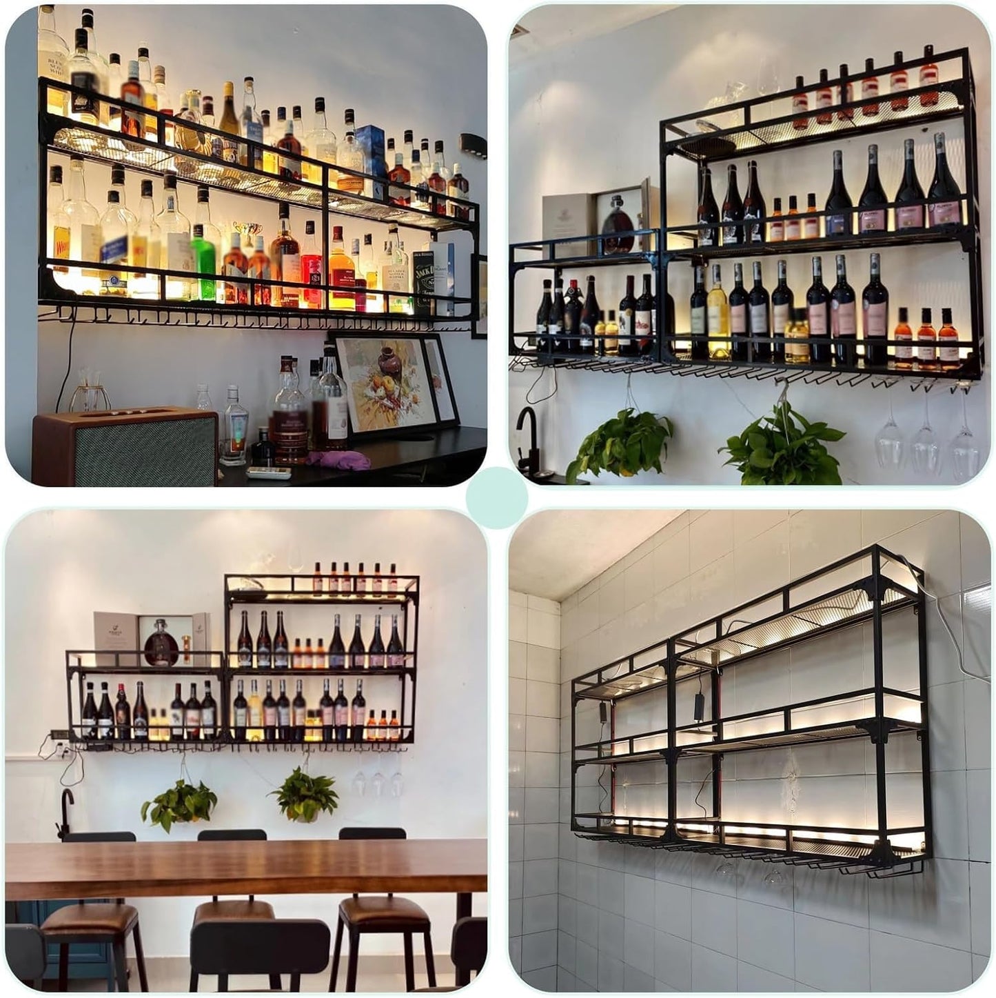Wall Mounted Wine Rack, Wine Rack Wall Mounted with Wine Glass Rack, Metal Bar Bottle Display Shelf Wine Cups Hanging Holder, for Home Bar Cafe Dining Room Decoration (BLACK, 59*10*35.5IN)