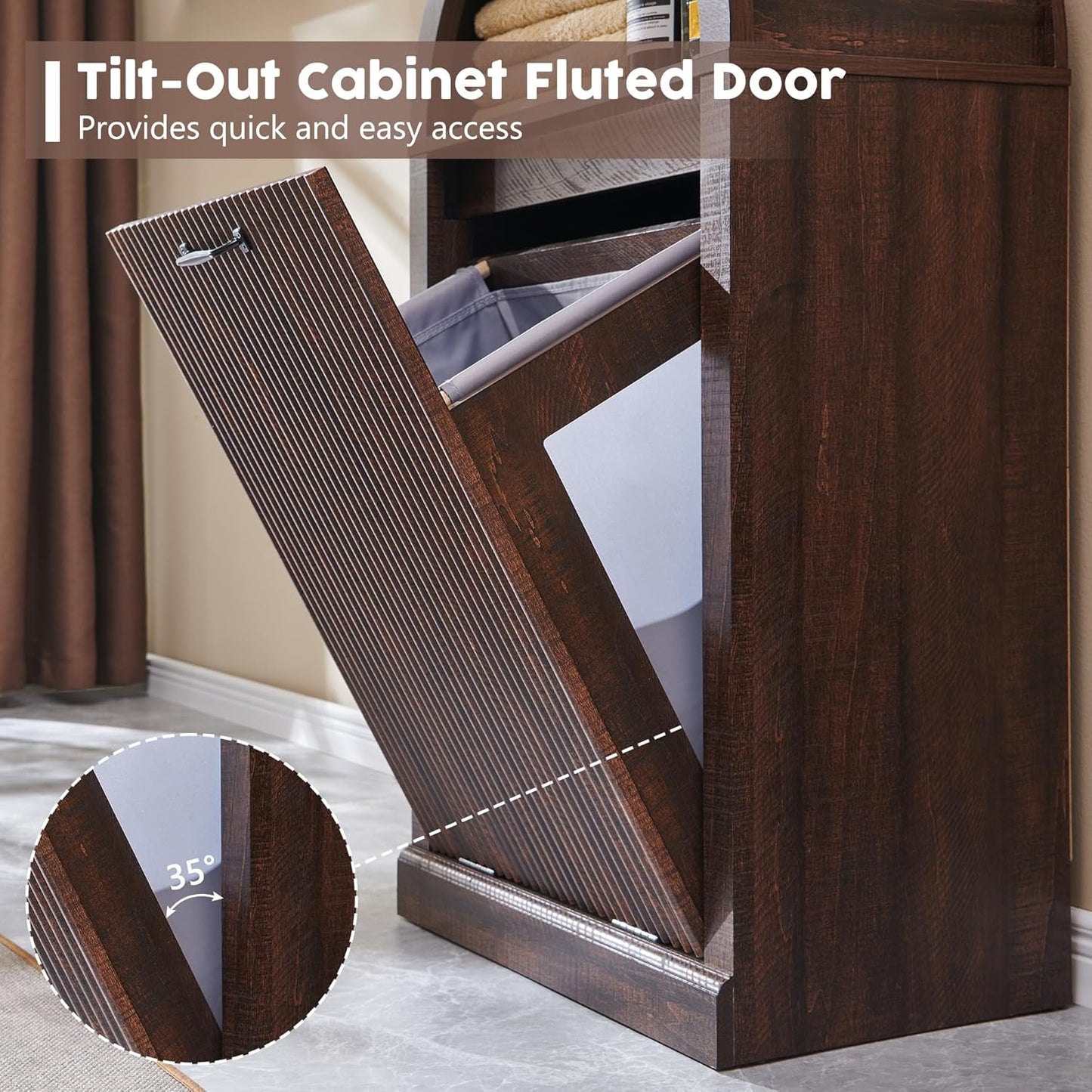Arched Tilt-Out Trash Can Cabinet, Fluted 10 Gallon Trash Can Cabinet Set of 2, Modern Laundry Hamper, Hidden Garbage with Storage Basket for Kitchen, Living Room, Brown