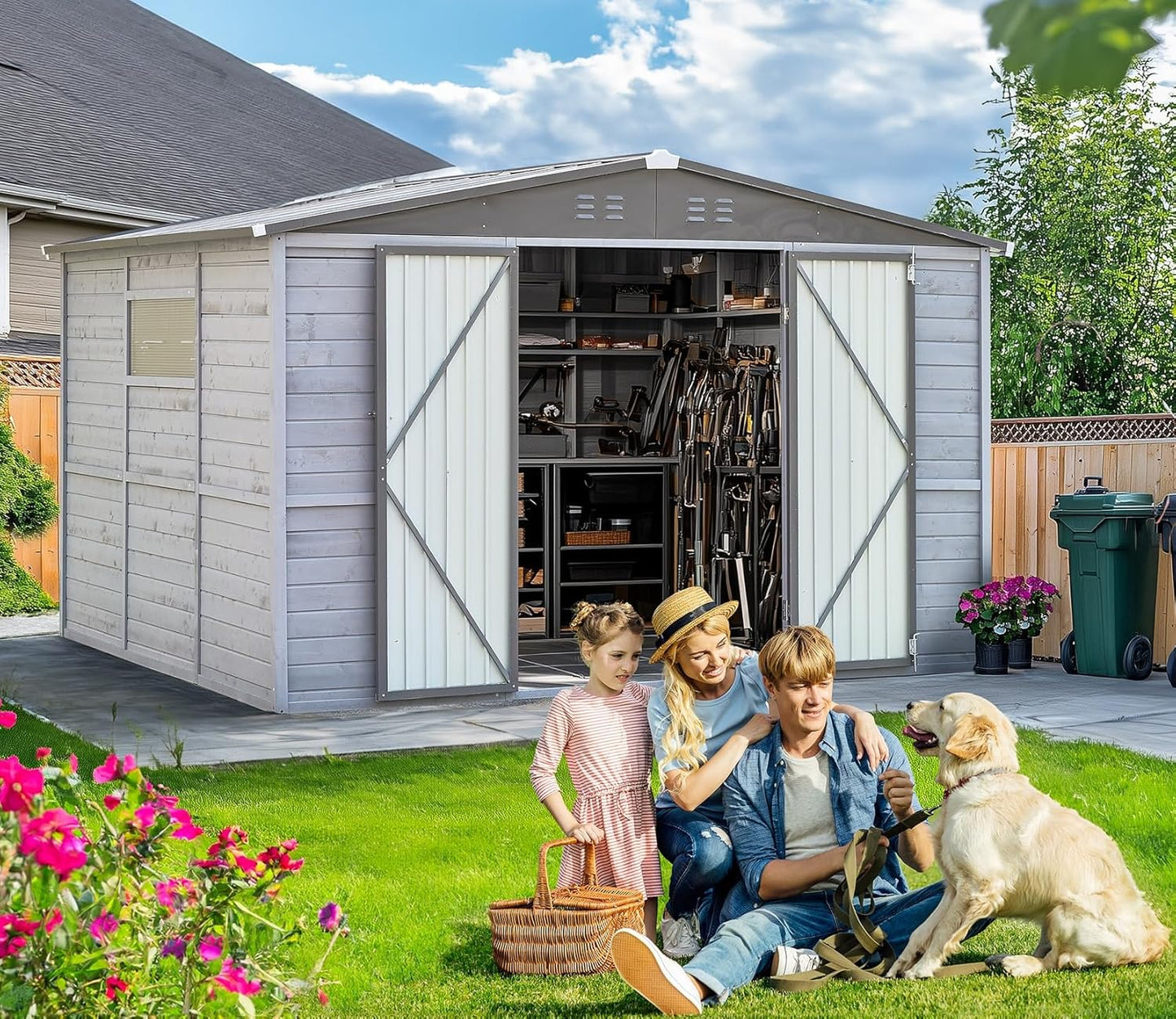 8x6 FT Outdoor Storage Shed, Wood Steel Utility Tool Shed Storage House with Door & Lock, Wooden Sheds Outdoor Storage for Garden Patio Lawn Poolside (Gray)