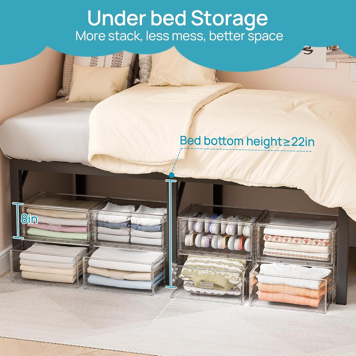 Vtopmart 2 Pack Large Clear Stackable Storage Drawers 27QT, Easily Assemble Plastic Closet Storage Bins, Dust-Proof UnderBed Organizer for Clothing, Sweater Organization