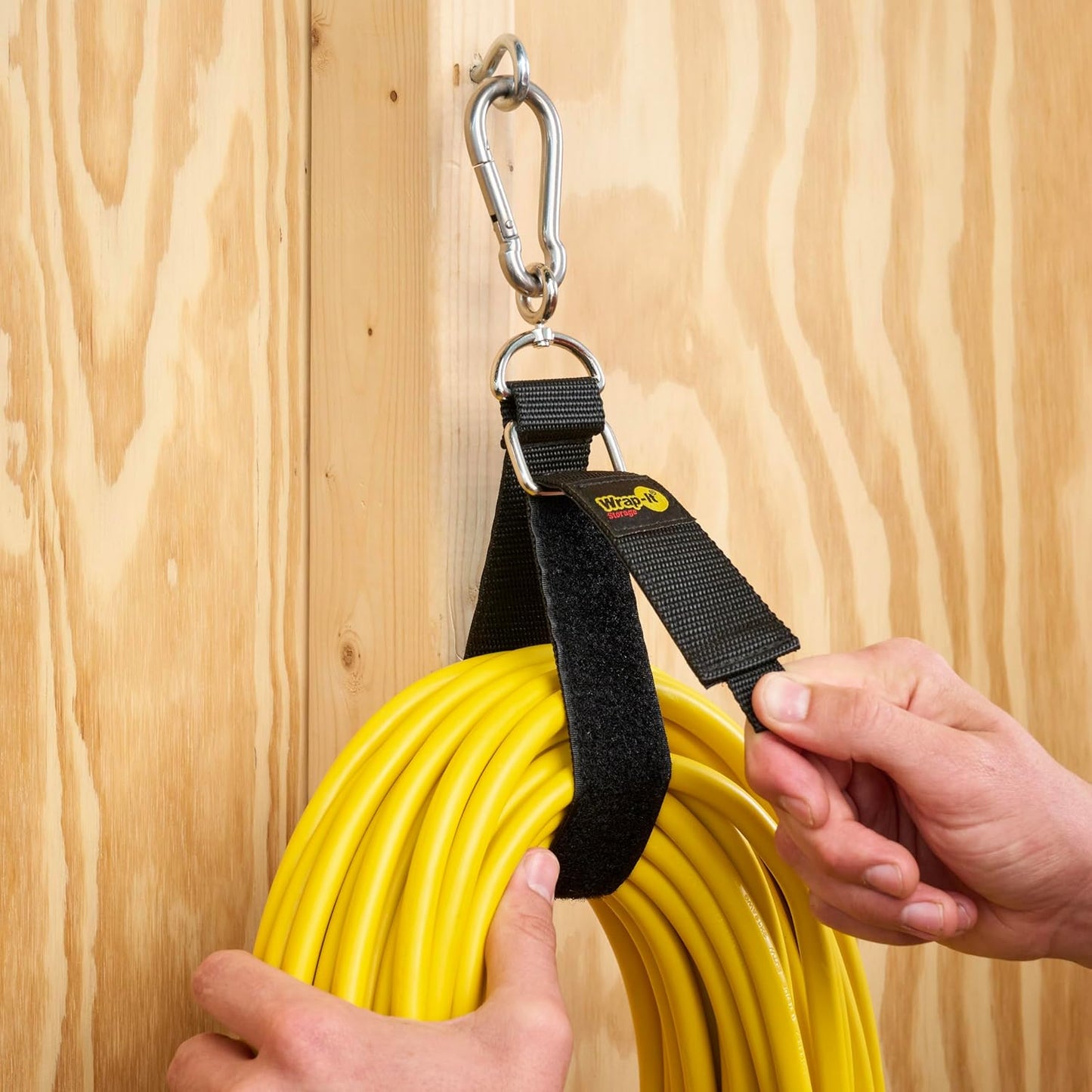 Hook 'n Hang Wrap-It Storage Straps - 18" (2-Pack) Black - Carabiner Straps to use as an Extension Cord Holder with Hooks