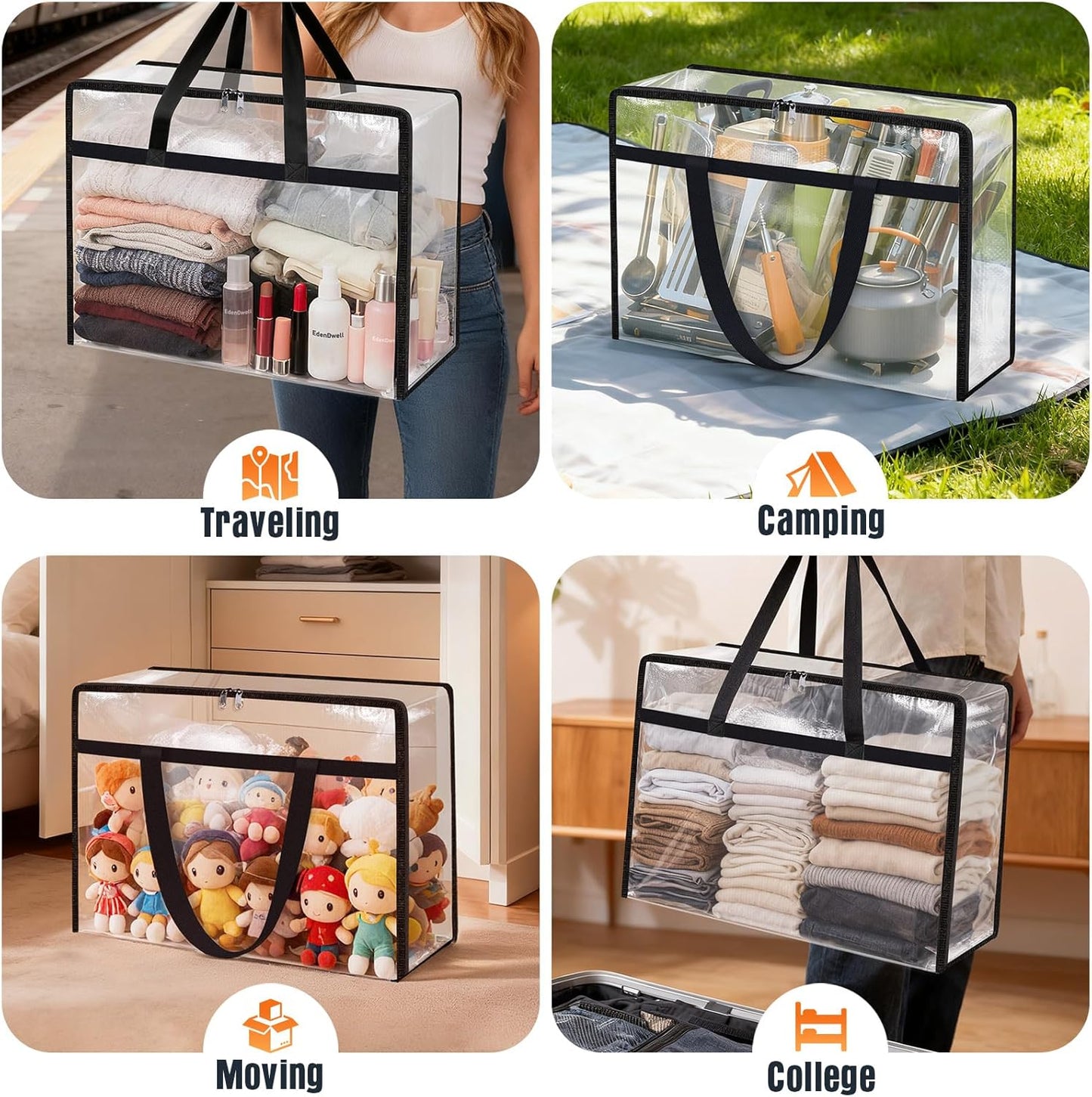 Clear Under Bed Storage Containers - 6 Pack Large Capacity Clothes Storage Bags with Lid & Sturdy Handles, Foldable Moving Bags, Clothing Organizer Totes for Bedding, Comforter, Sheet(60 L)