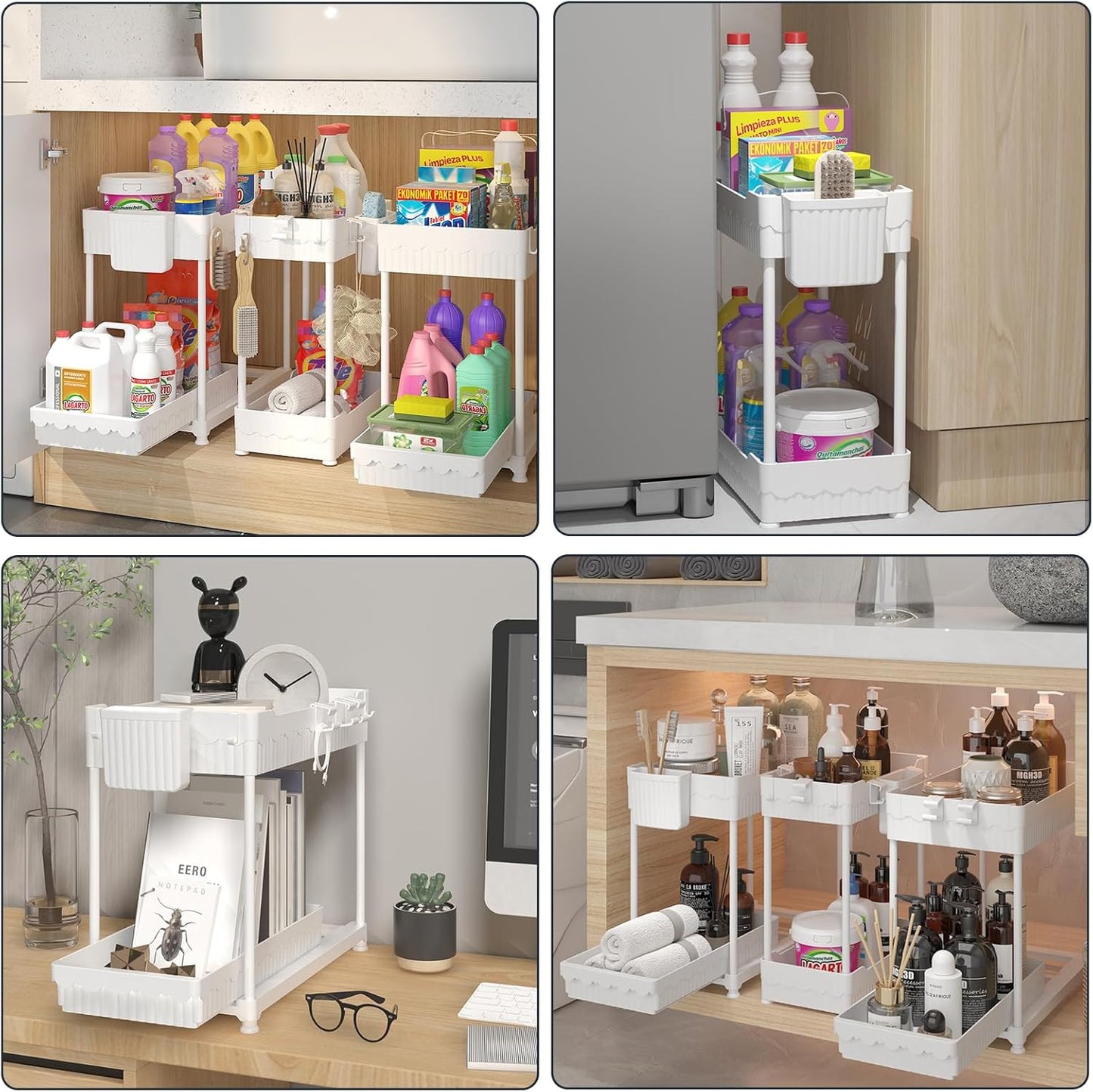 3 Pack Under Sink Organizers, 2-Tier Multi-Use Kitchen and Bathroom Organizers and Storage with Sliding Drawers,Bathroom Cabinet Organizer (White, 12.8 Inch)