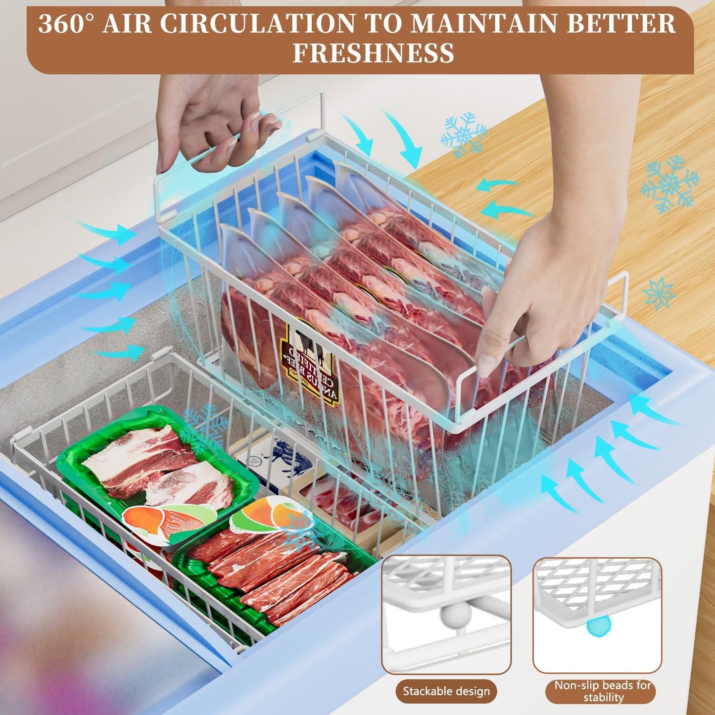 Enhanced Leak-Proof Bottom - Freezer Organizer Bins ,6 Pack Stackable Deep Freezer Organizer Bins for 7 Cu.FT Small Chest Freezer,Easy Get Bottom Foods without Digging