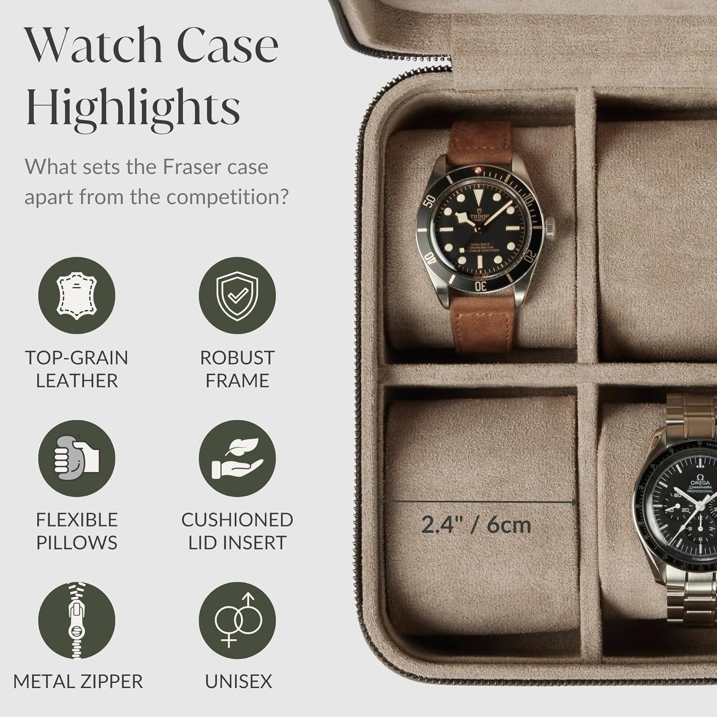 TAWBURY Watch Case - 6 Slot Genuine Top-Grain Leather Watch Box for Men & Women with Extra Wide Pillows for Large Watches - Portable Wristwatch Storage for Home & Travel (Taupe)