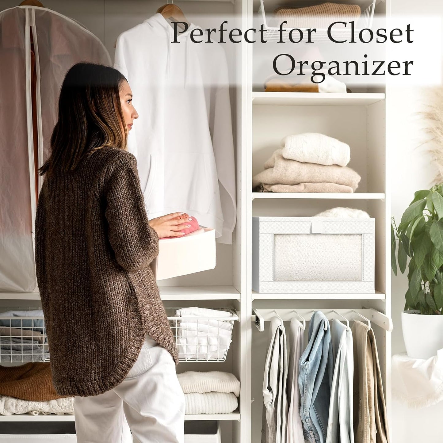 Criusia 6 Pack Linen Closet Organizers and Storage, Large Linen Closet Baskets for Organization, Foldable Storage Containers for Clothing, Towels, Jeans, Books, Shelves, White