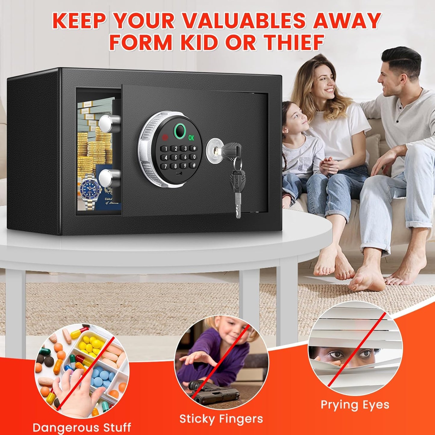 0.5 Cuft Biometric Safe Box with Fireproof Waterproof Bag, Anti-Theft Dual Alerts, Mute Mode, Digital Security for Business