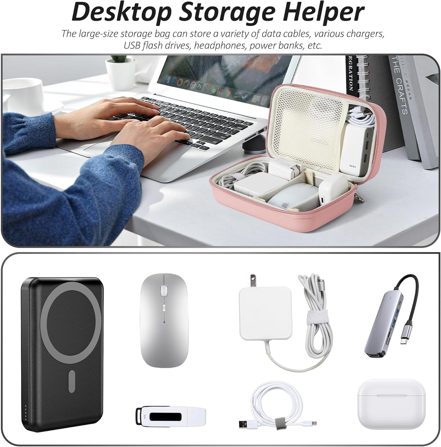 Charger Case for Macbook, Portable Tech Electronic Organizer Bag,Travel Storage Pouch for Laptop Accessories, MacBook Power Adapter, Charging Cords, USB Drives, Power Bank (Pink, XL)