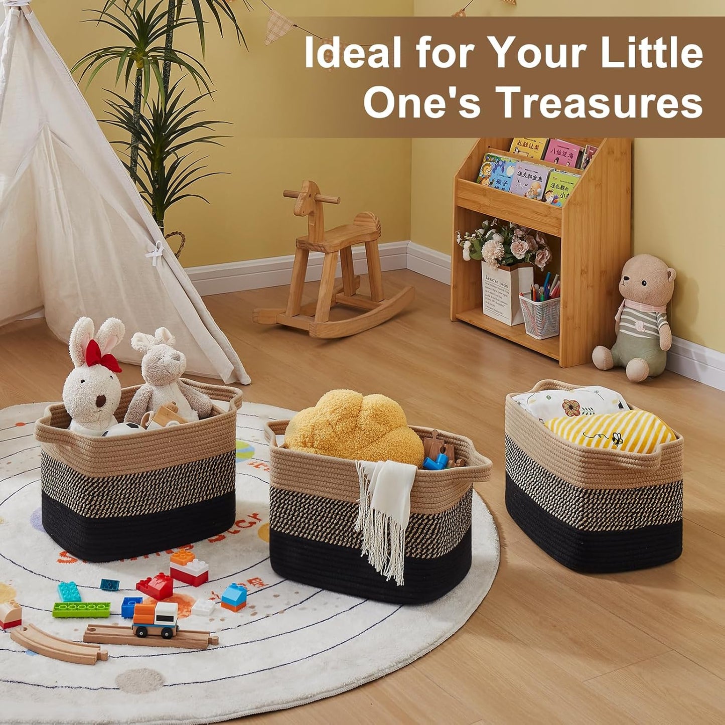 Storage Basket for Organizing, Woven Baskets for Storage, Rectangle Decorative Baskets for Shleves, Closet, Toys, Books, Nursery Organizer Bins - Pack of 3 (Black & Brown, 13"x9.85"x8.7")